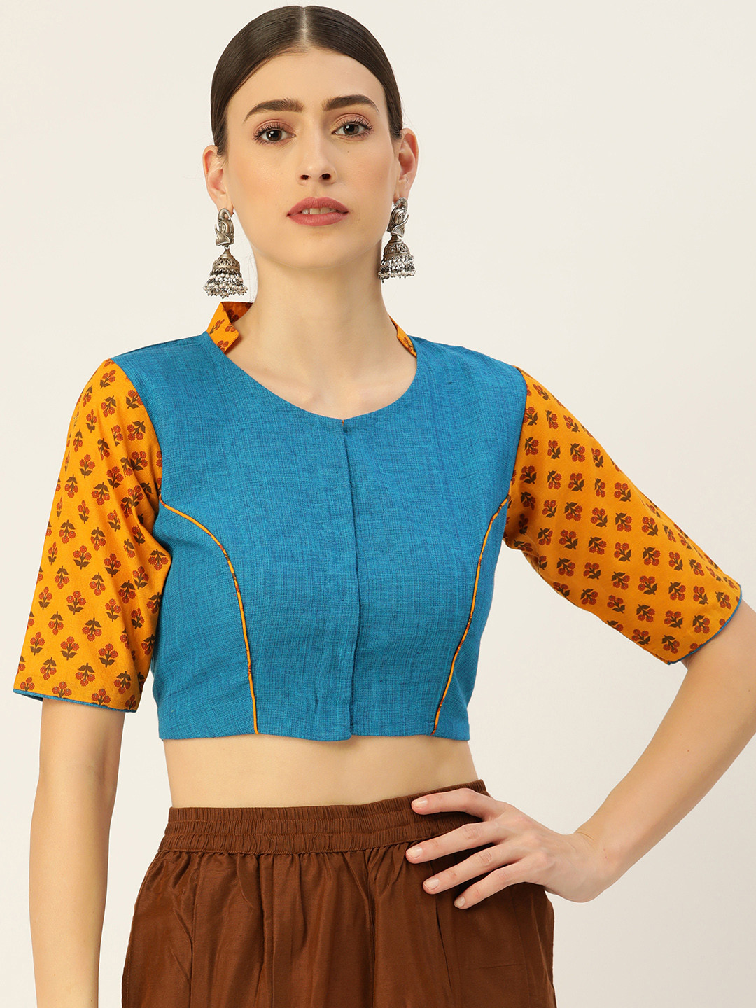 tantkatha Blue & Orange Solid Cotton Saree Blouse