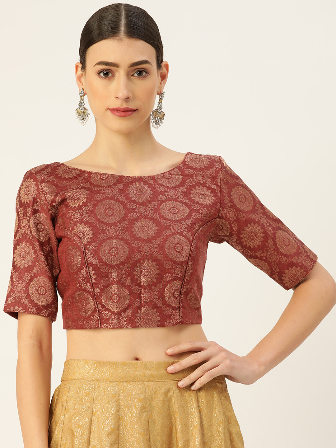 tantkatha Maroon & Gold Toned Woven Design Jacquard Saree Blouse