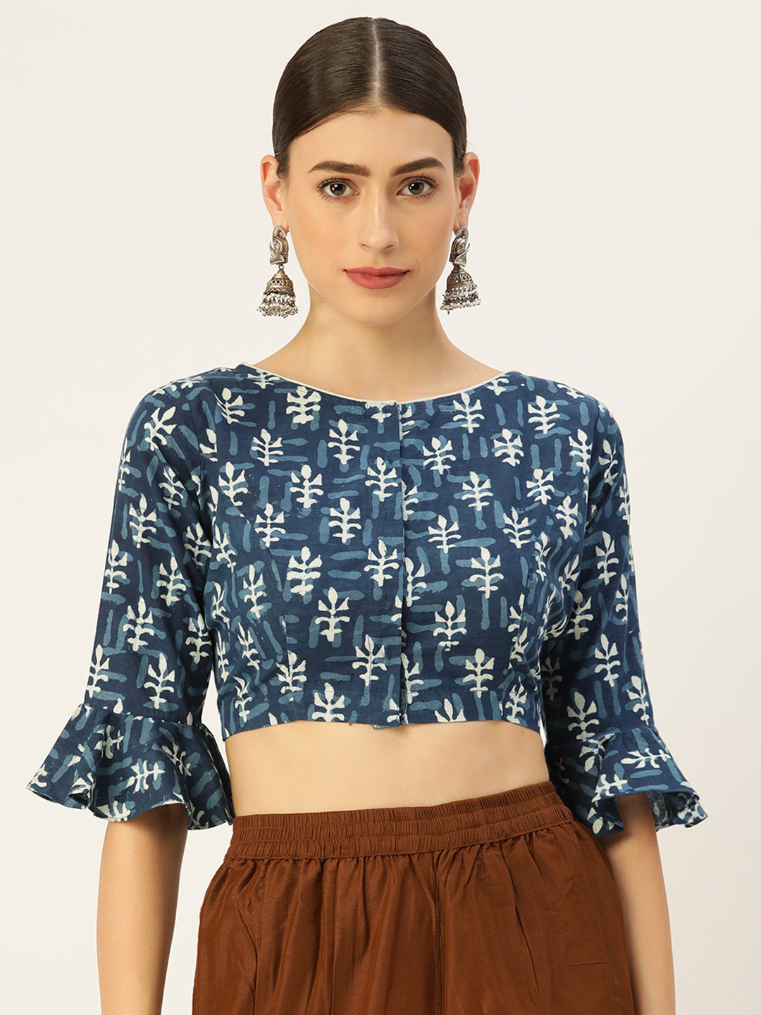 tantkatha Women Blue Printed Front Closure Saree Blouse