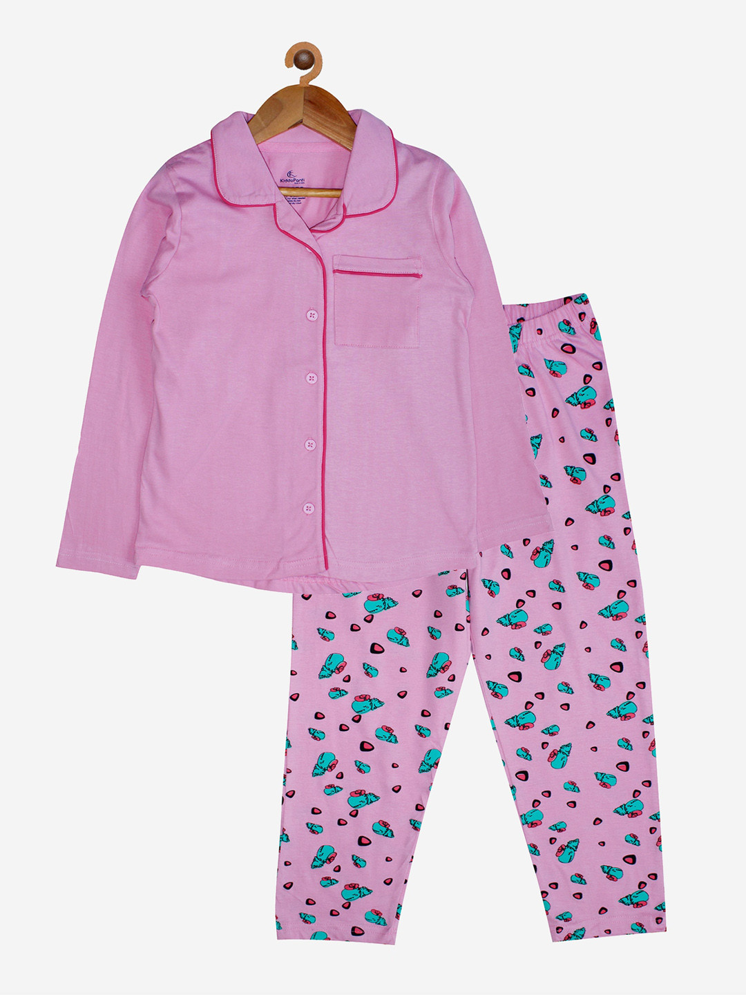 KiddoPanti Girls Pink & Green Pure Cotton Night suit