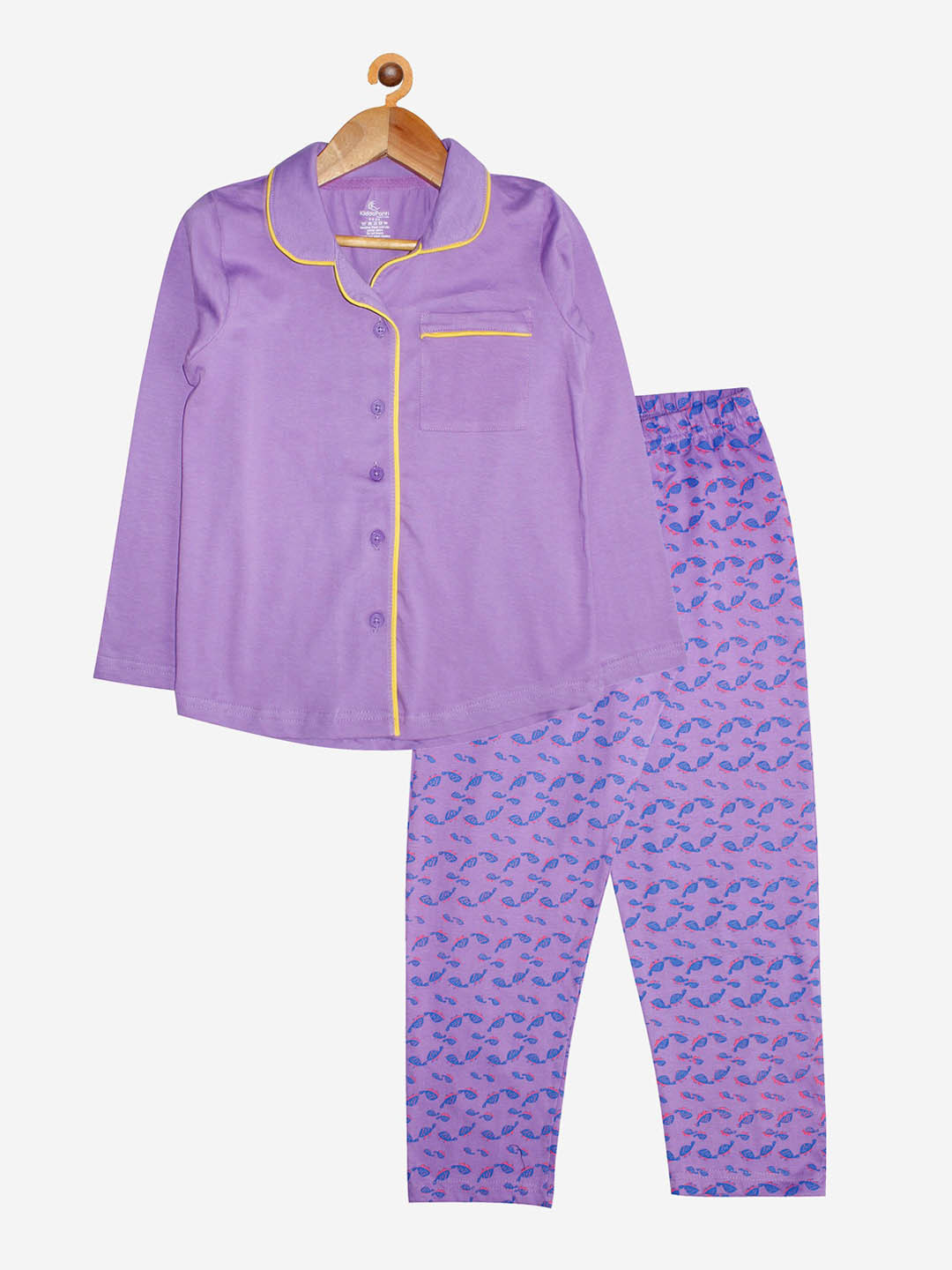 KiddoPanti Girls Purple & Blue Pure Cotton Printed Night Suit