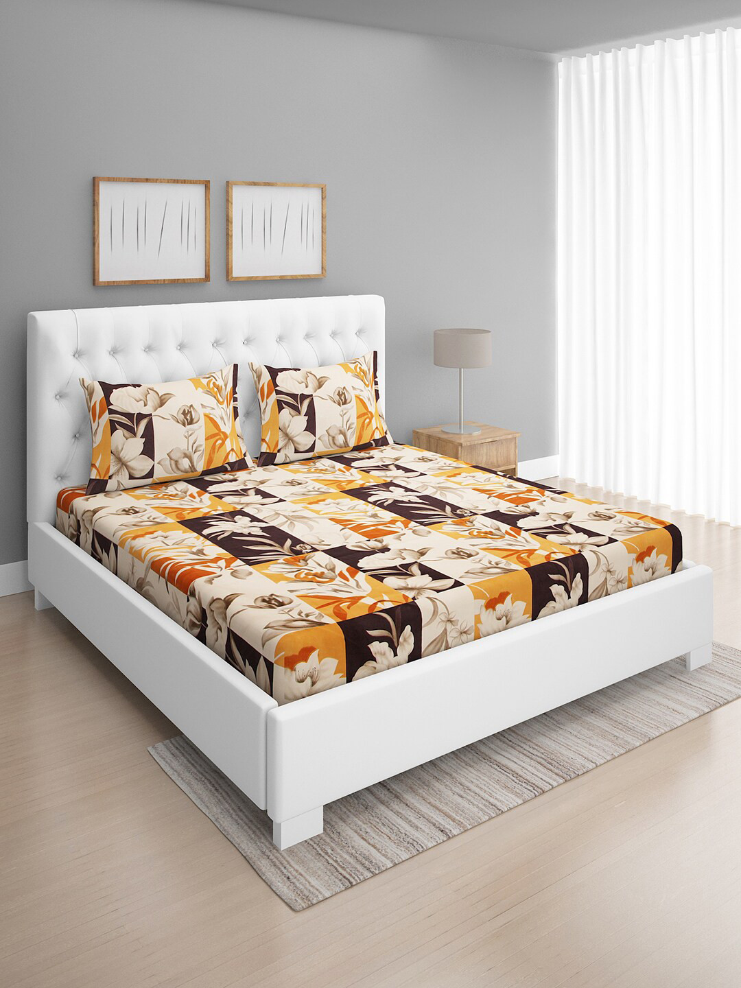 ROMEE Cream Floral Microfiber 144 TC Queen Bedsheet with 2 Pillow Covers-59 x 87 inches