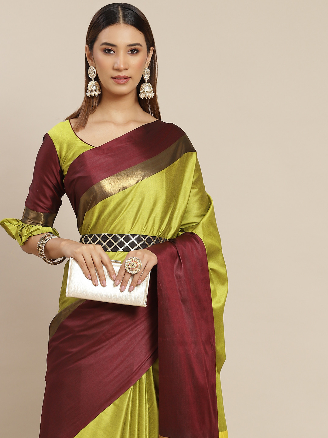 KALINI Lime Green & Maroon Silk Cotton Belted Saree