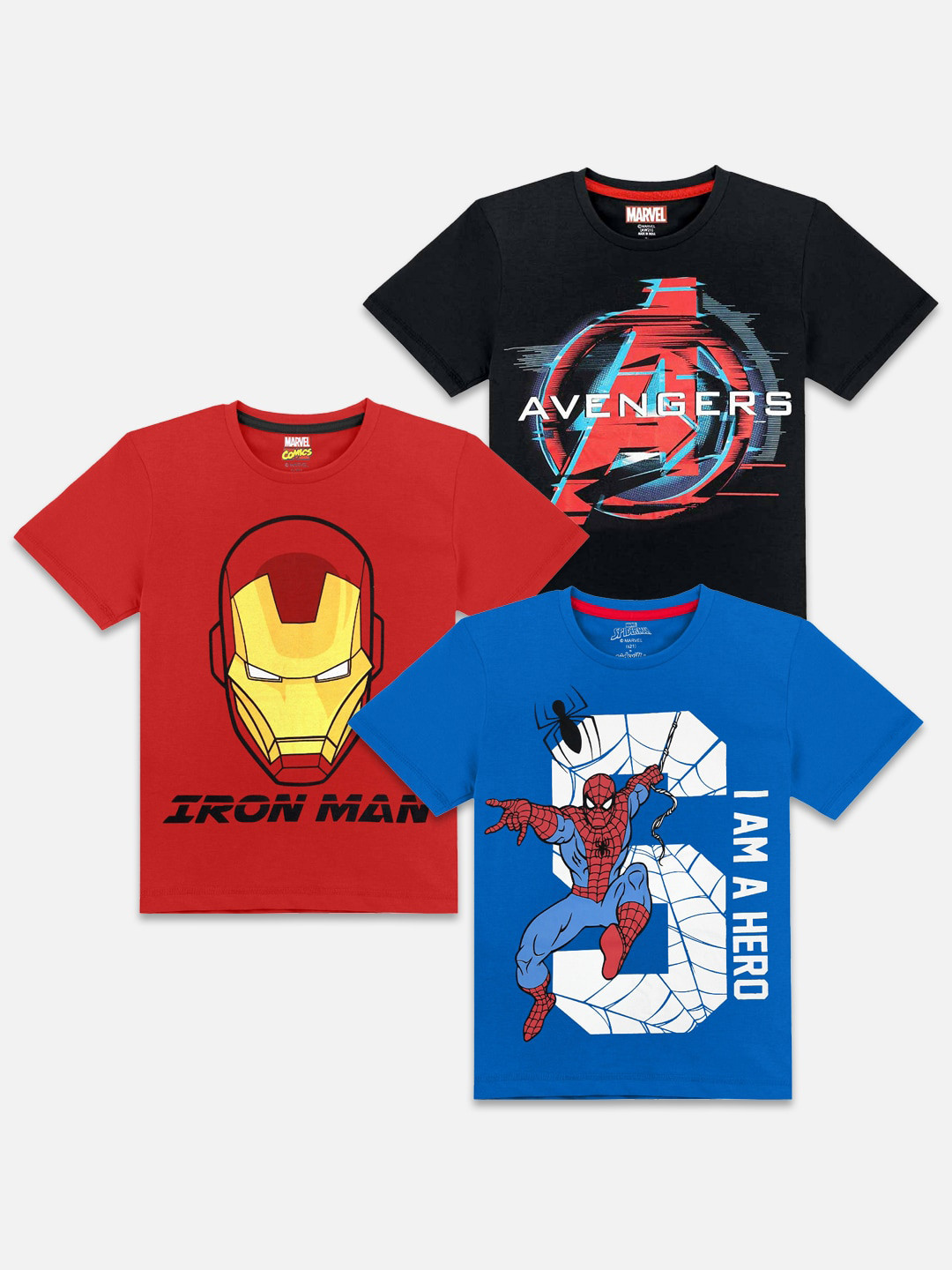 Kids Ville Boys Pack of 3 Red, Black & Blue Marvel Comics Printed Slim Fit T-shirt
