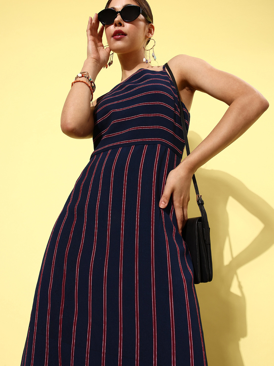 QUIERO Women Navy Blue & Maroon Striped Maxi Dress