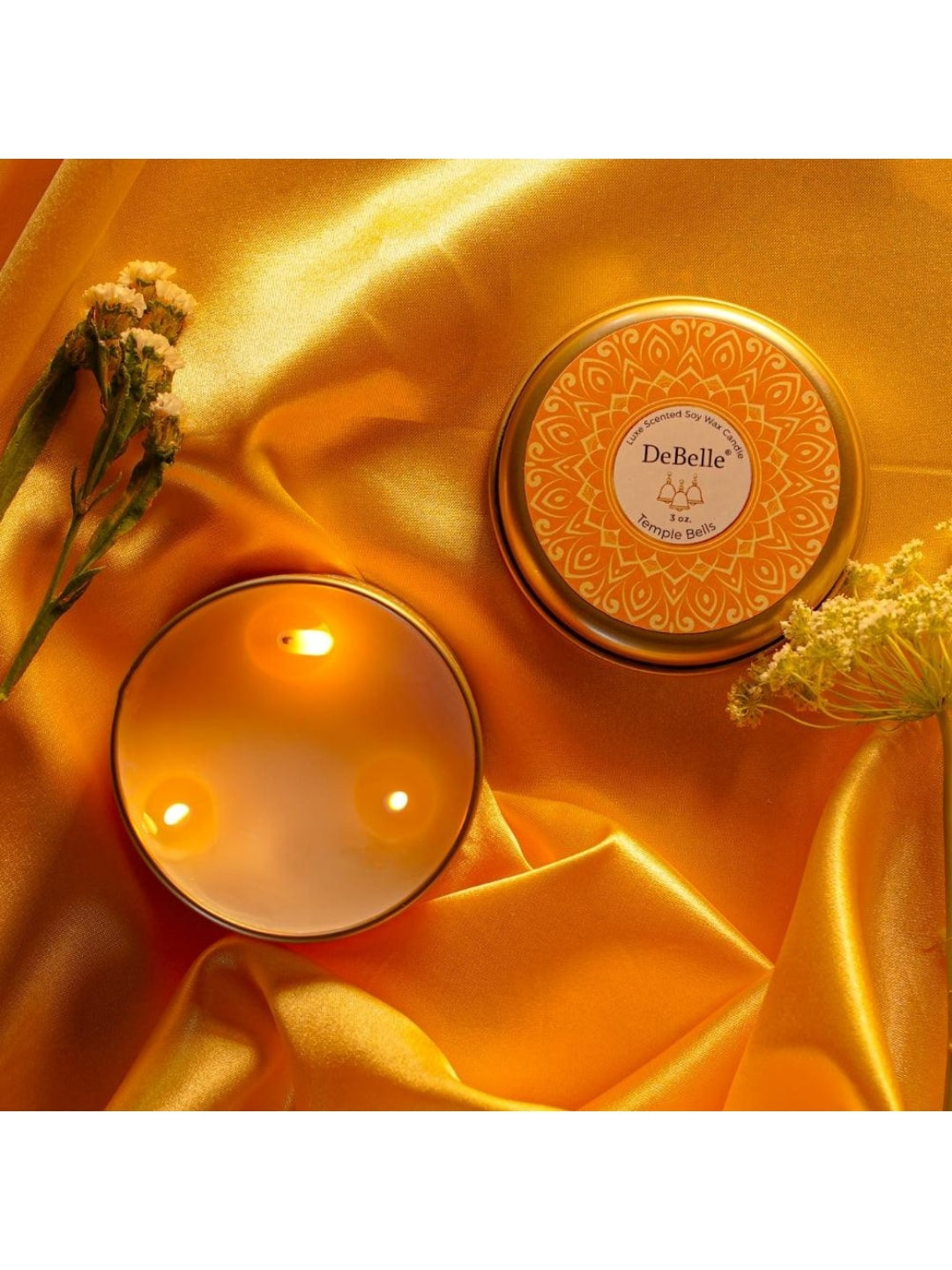 DeBelle Soya Wax Scented 3 Wick Temple Bells Ethnic Motifs Round Regular Jar Candles