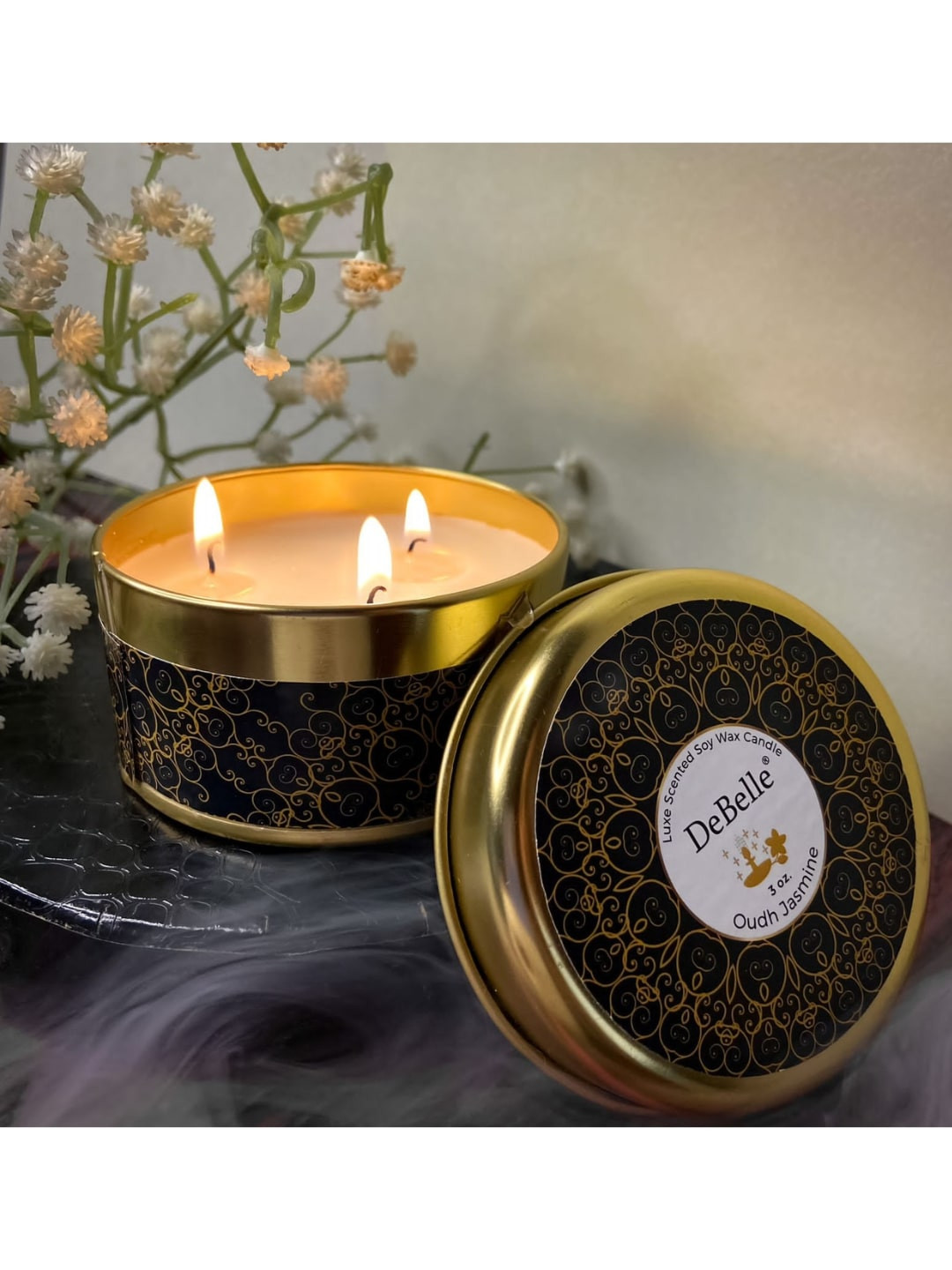 DeBelle Soya Wax Scented 3 Wick Oudh Jasmine Ethnic Motifs Round Regular Jar Candles