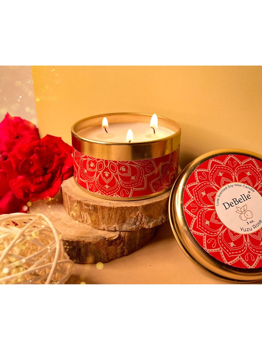 DeBelle Soya Wax Scented 3 Wick Yuzu Rose Ethnic Motifs Round Regular Jar Candles