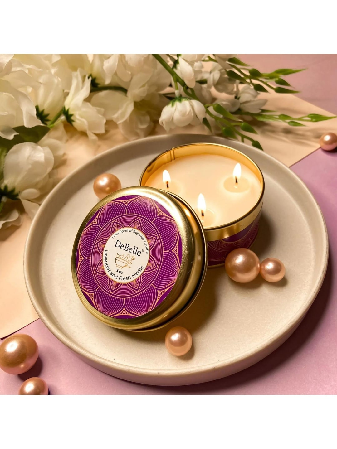 DeBelle Soya Wax Scented 3 Wick Lavender & Fresh Herbs Abstract Round Regular Jar Candles