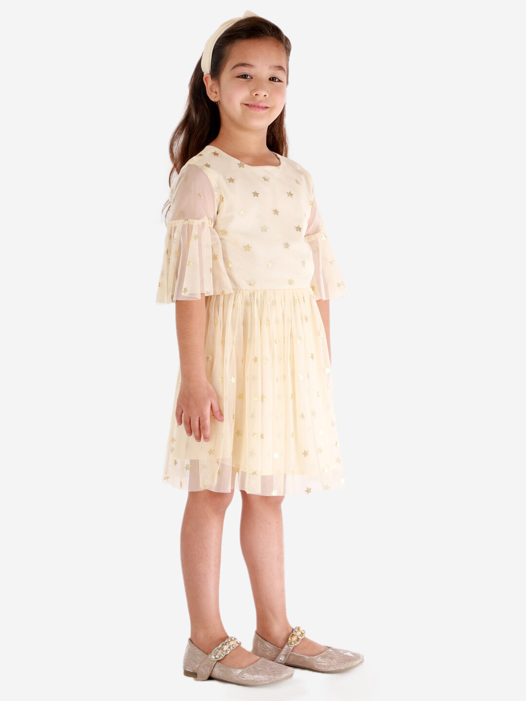 KidsDew Girls Beige Floral Net Dress