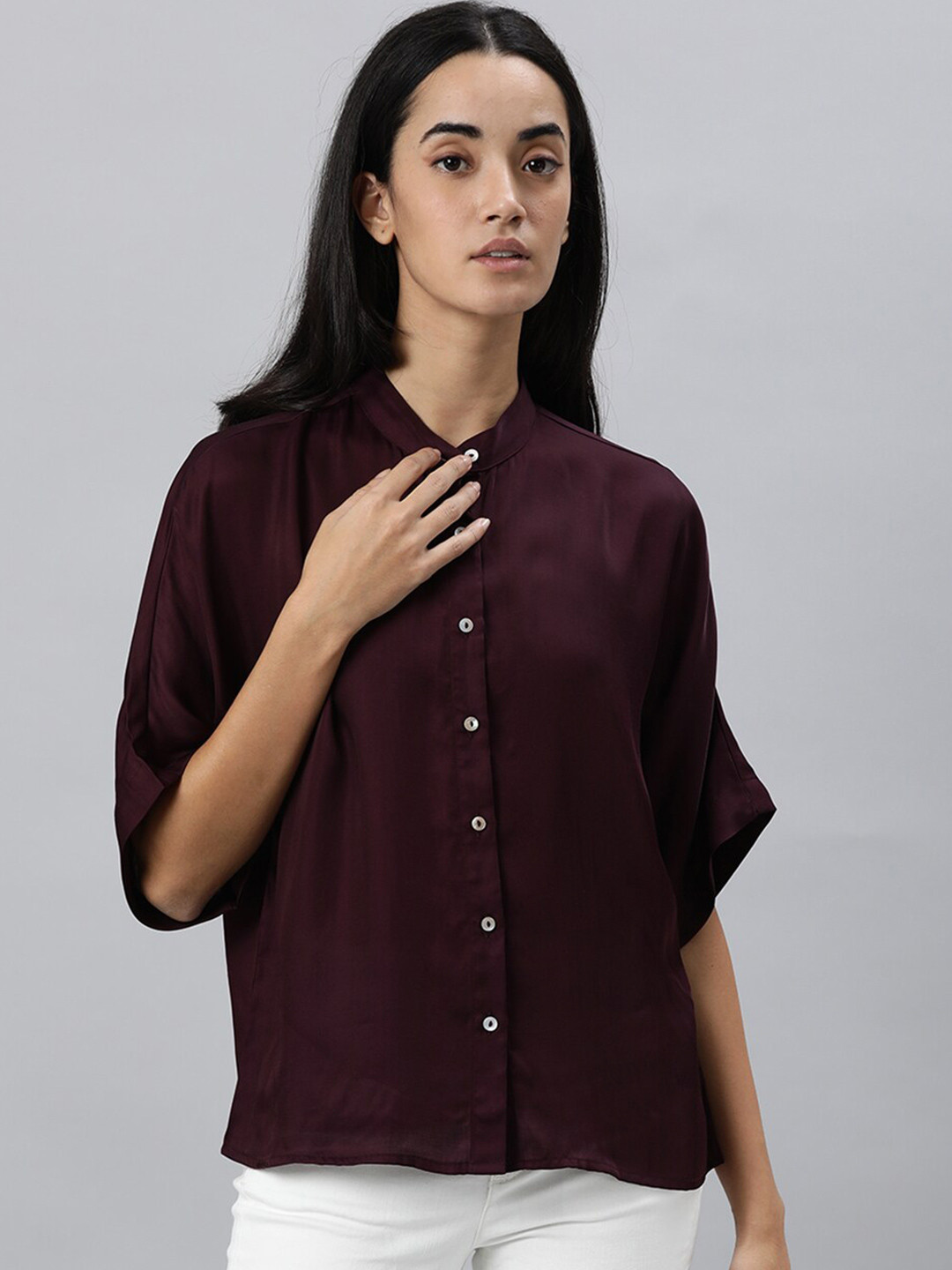 RAREISM Women Maroon Mandarin Collar Extended Sleeves Shirt Style Top