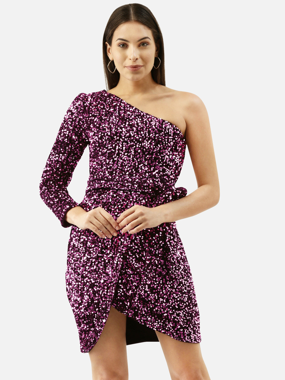 Martini Women Black & Pink Embellished One Shoulder Bodycon Dress Comes With a Belt