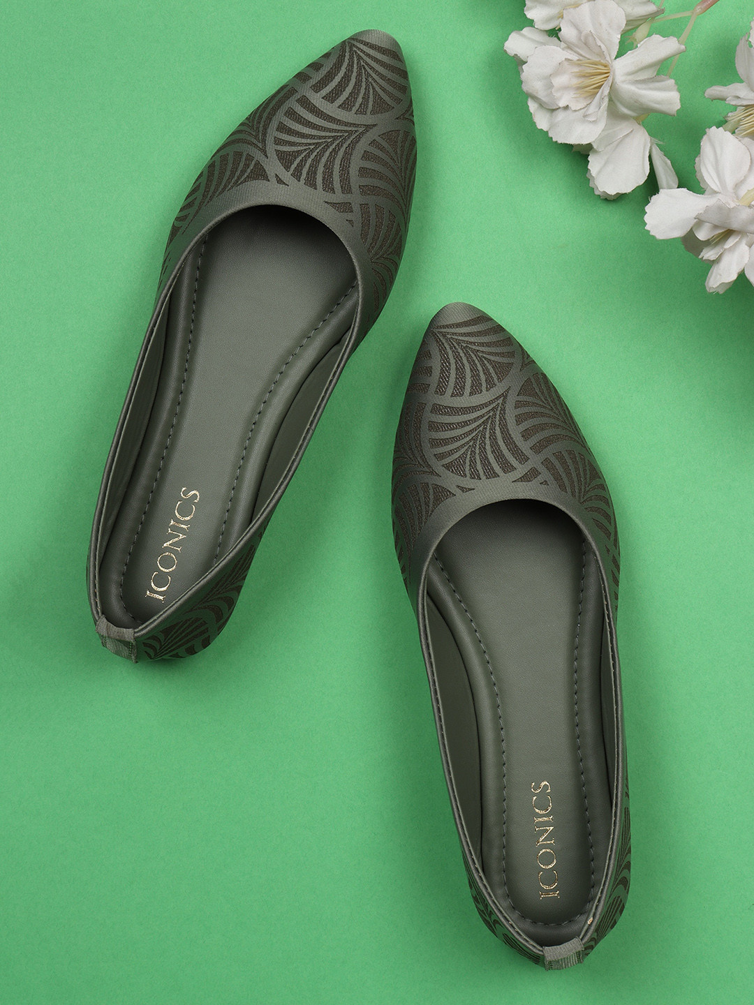 ICONICS Women Olive Green Printed Mojaris with Embroidered Flats