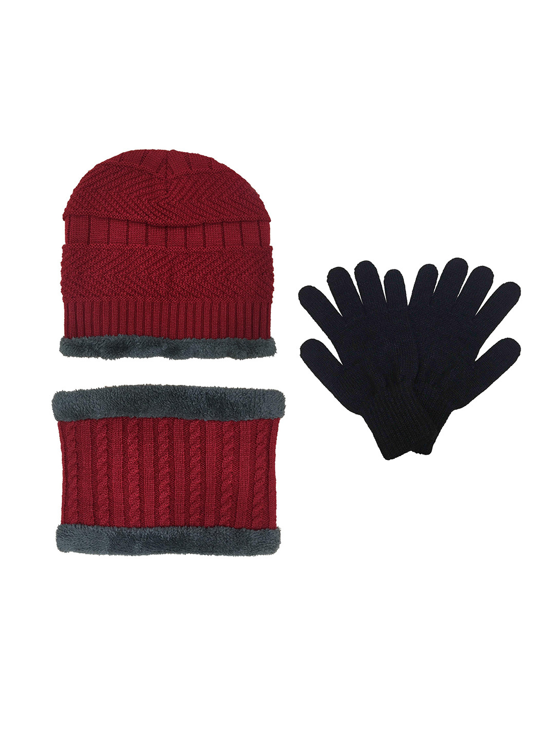 Gajraj Unisex Red & Black Woollen Beanie & Gloves Set