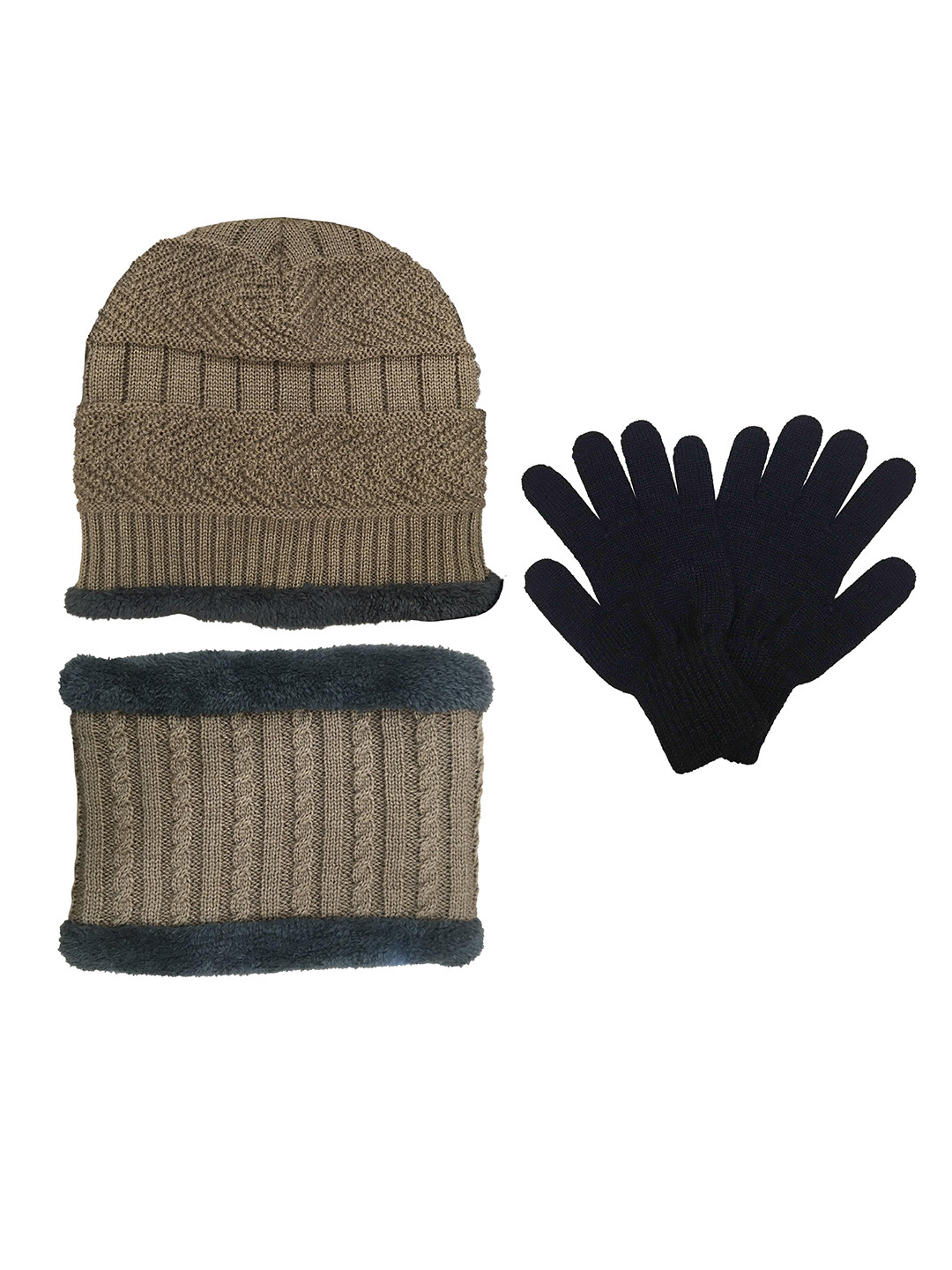 Gajraj Unisex Beige & Black Pack of 2 Beanie Caps & Warmer Scarf and Woolen Gloves Set