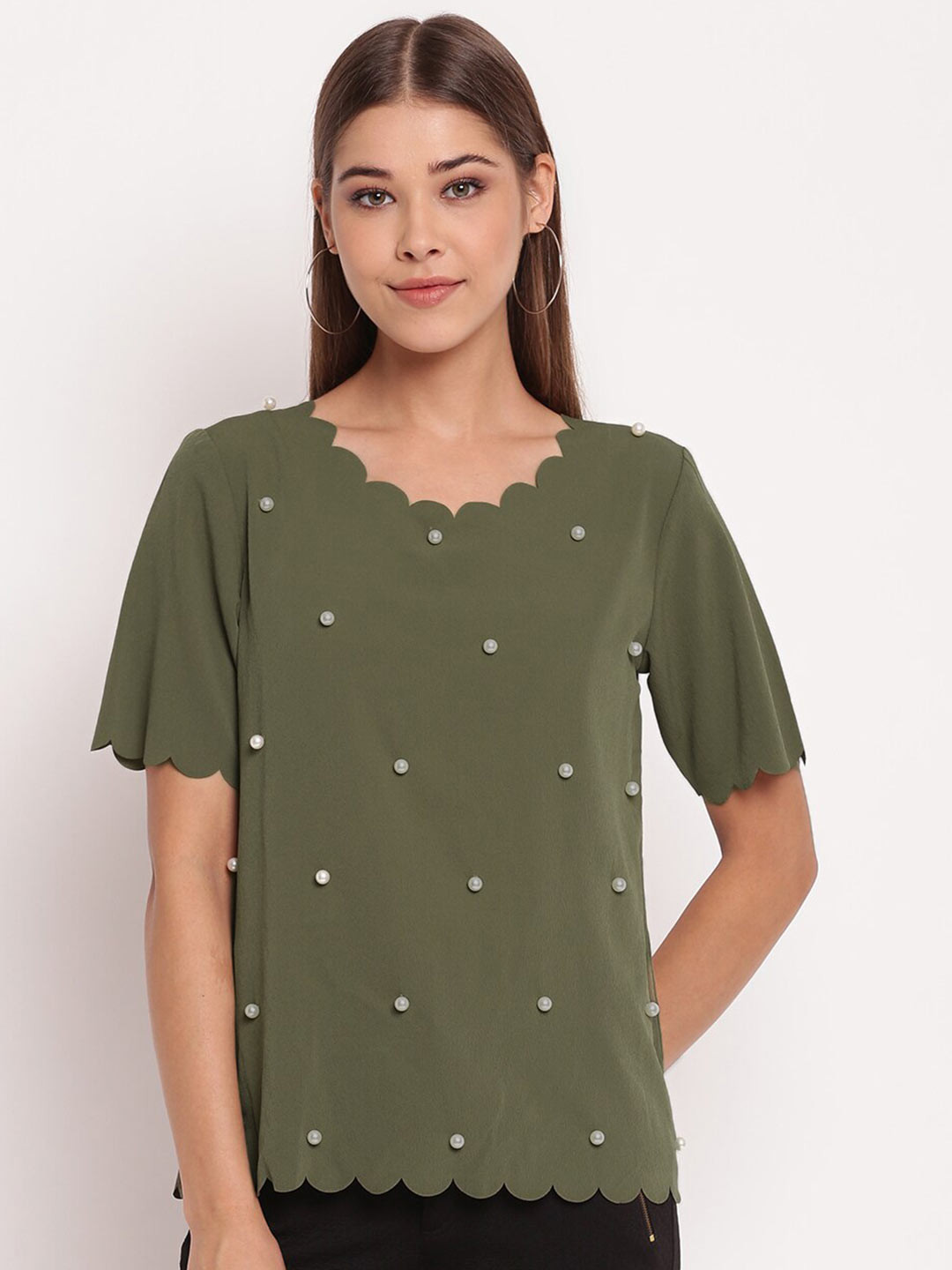 AKIMIA Women Olive Green Pearl Embellished Crepe Scalloped Top