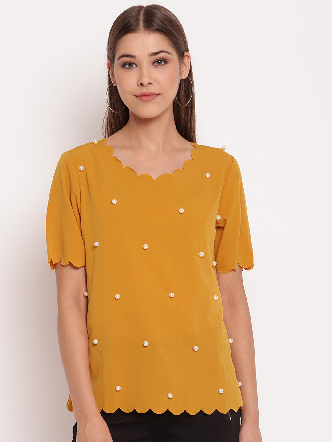 AKIMIA Women Mustard Yellow Pearls Embellished Crepe Scalloped Top