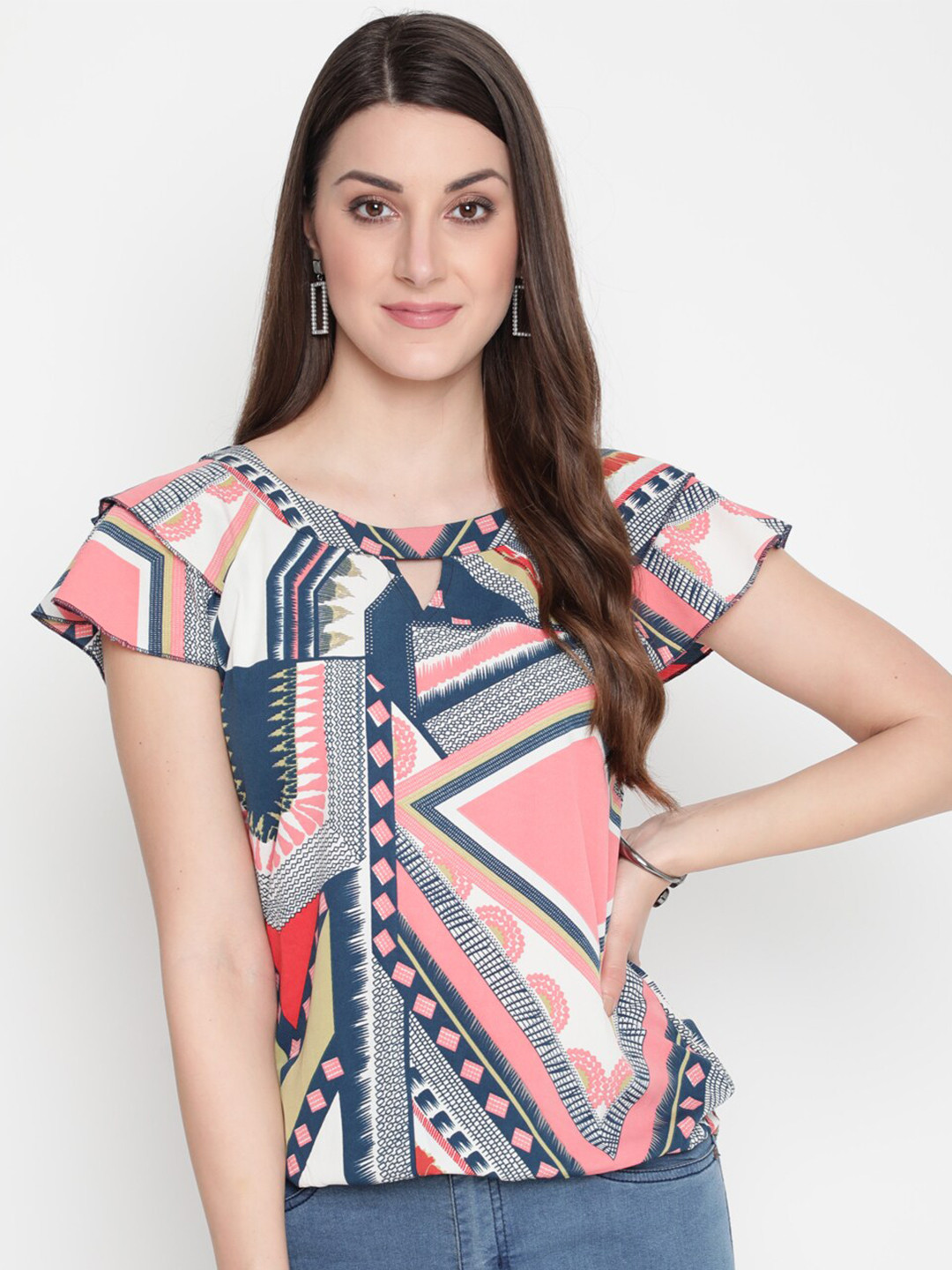 AKIMIA Women Rose & Grey Geometric Print Crepe Top