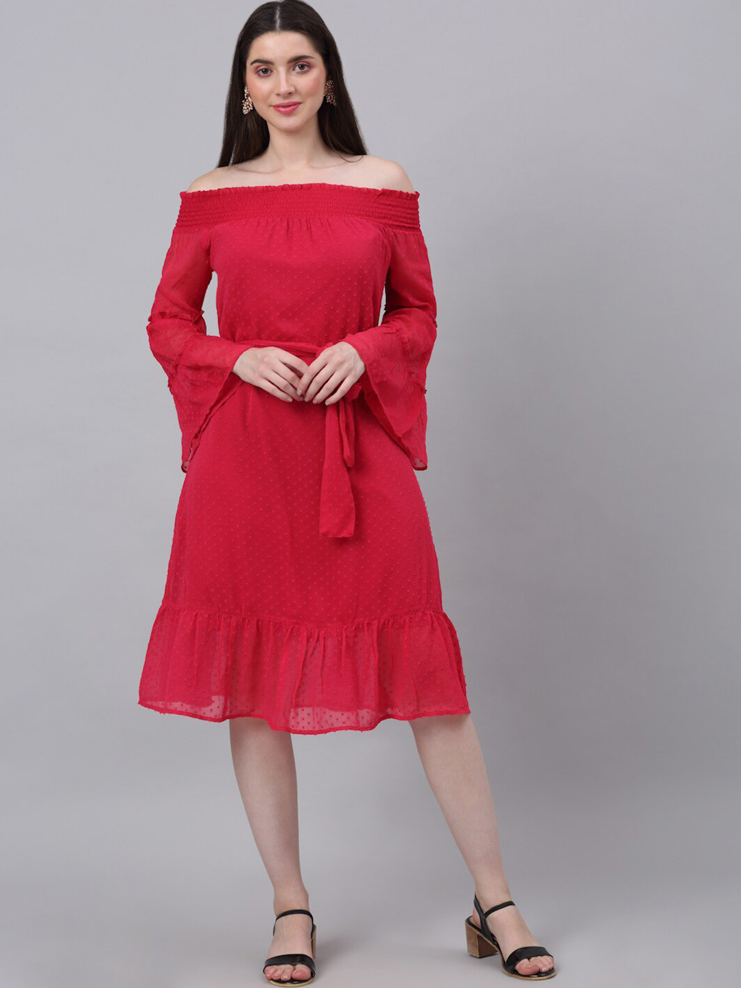 NEUDIS Red Off-Shoulder Chiffon A-Line Dress