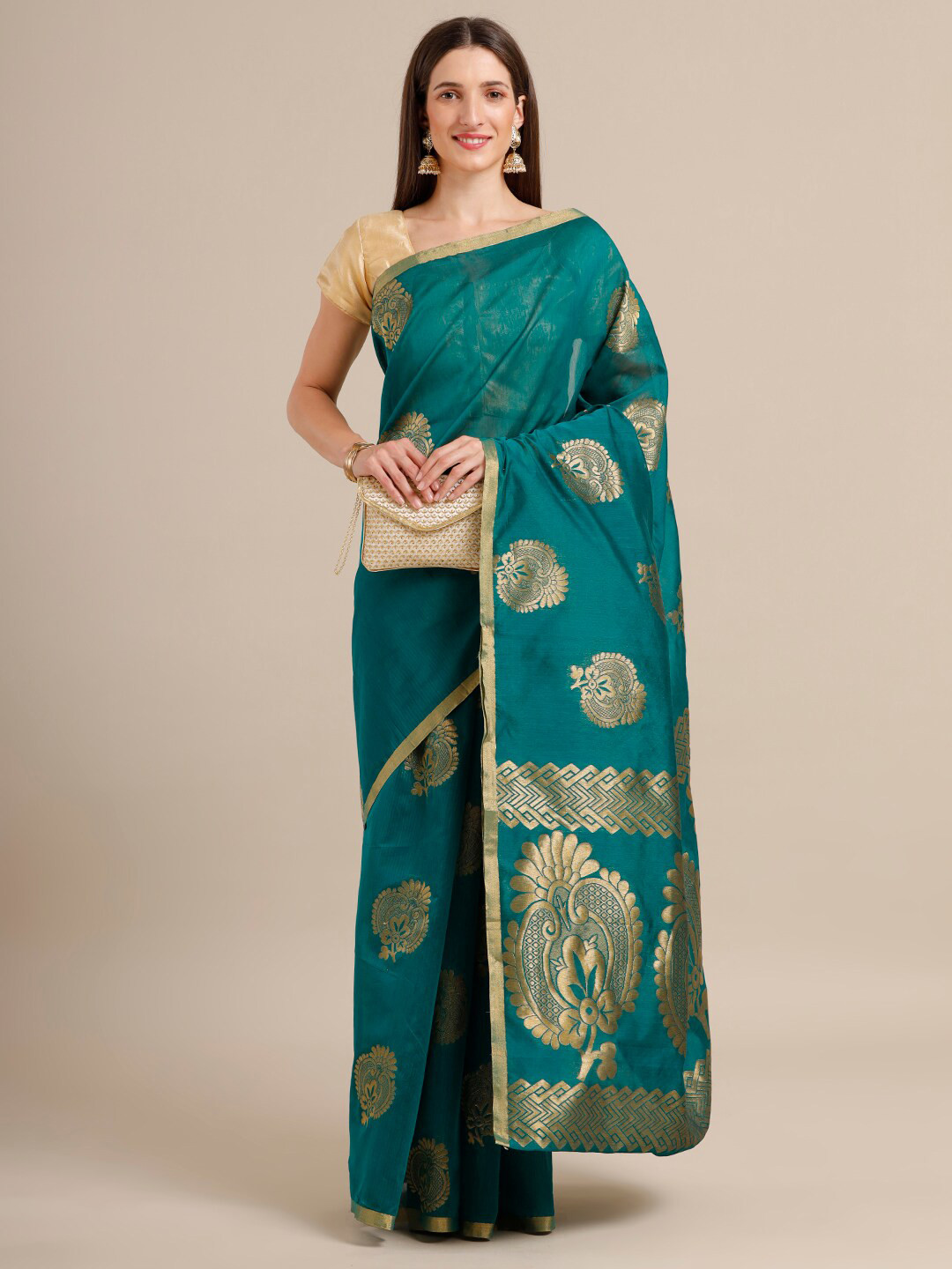 SAMITTE Green & Golden Woven Design Pure Cotton Kovai Saree