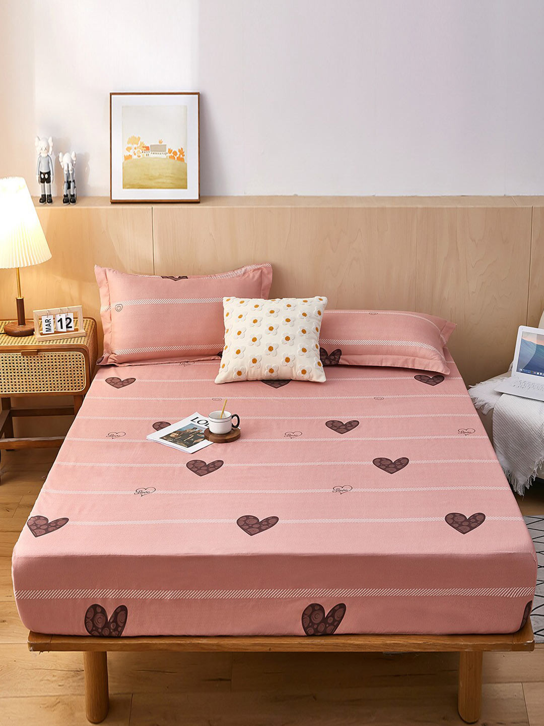 JC HOME Pink Brown 160 TC Fitted Queen Bedsheet