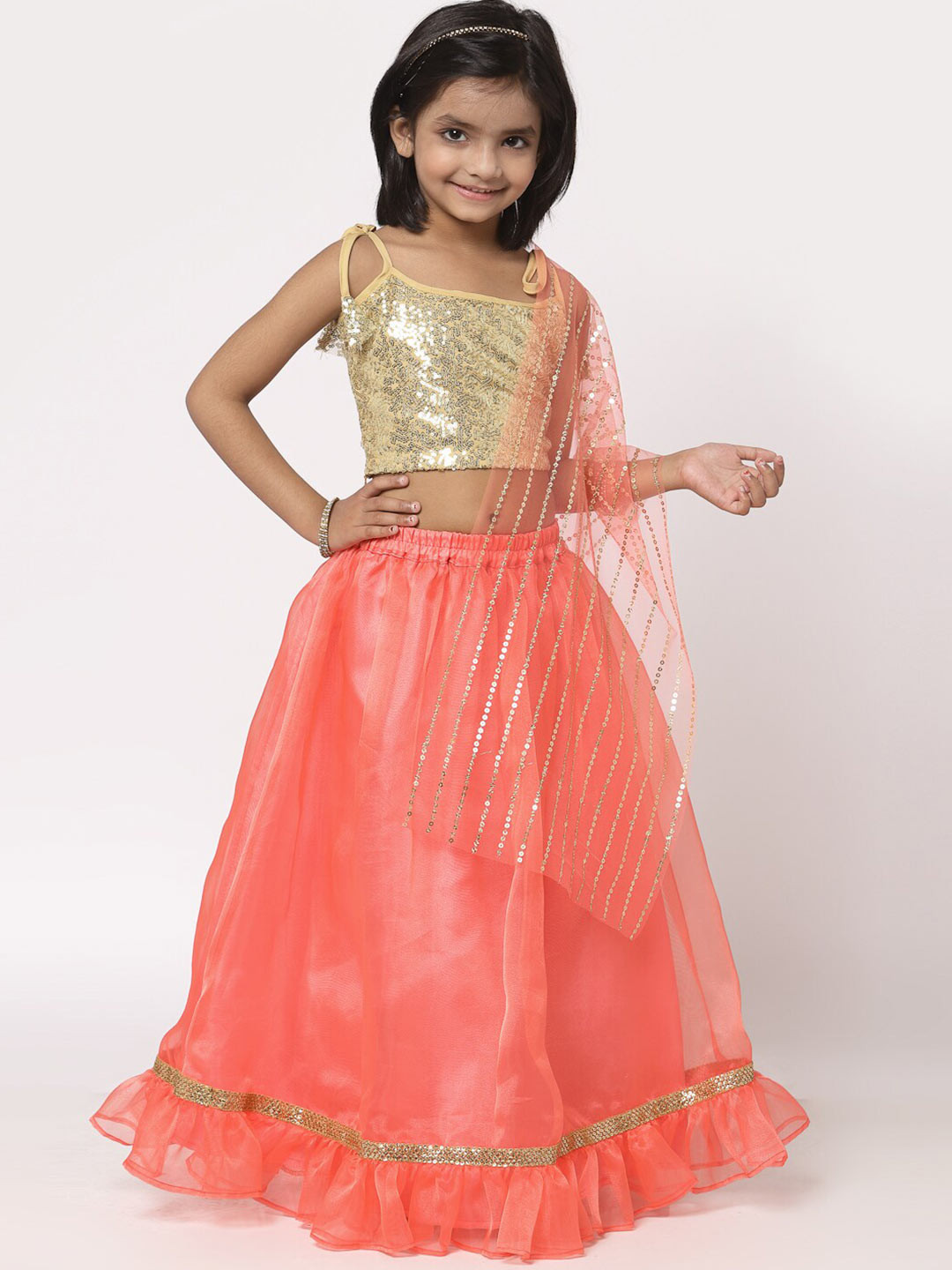 studio rasa Girls Coral & Golden Embroidered Sequinned Ready to Wear Lehenga & Blouse With Dupatta