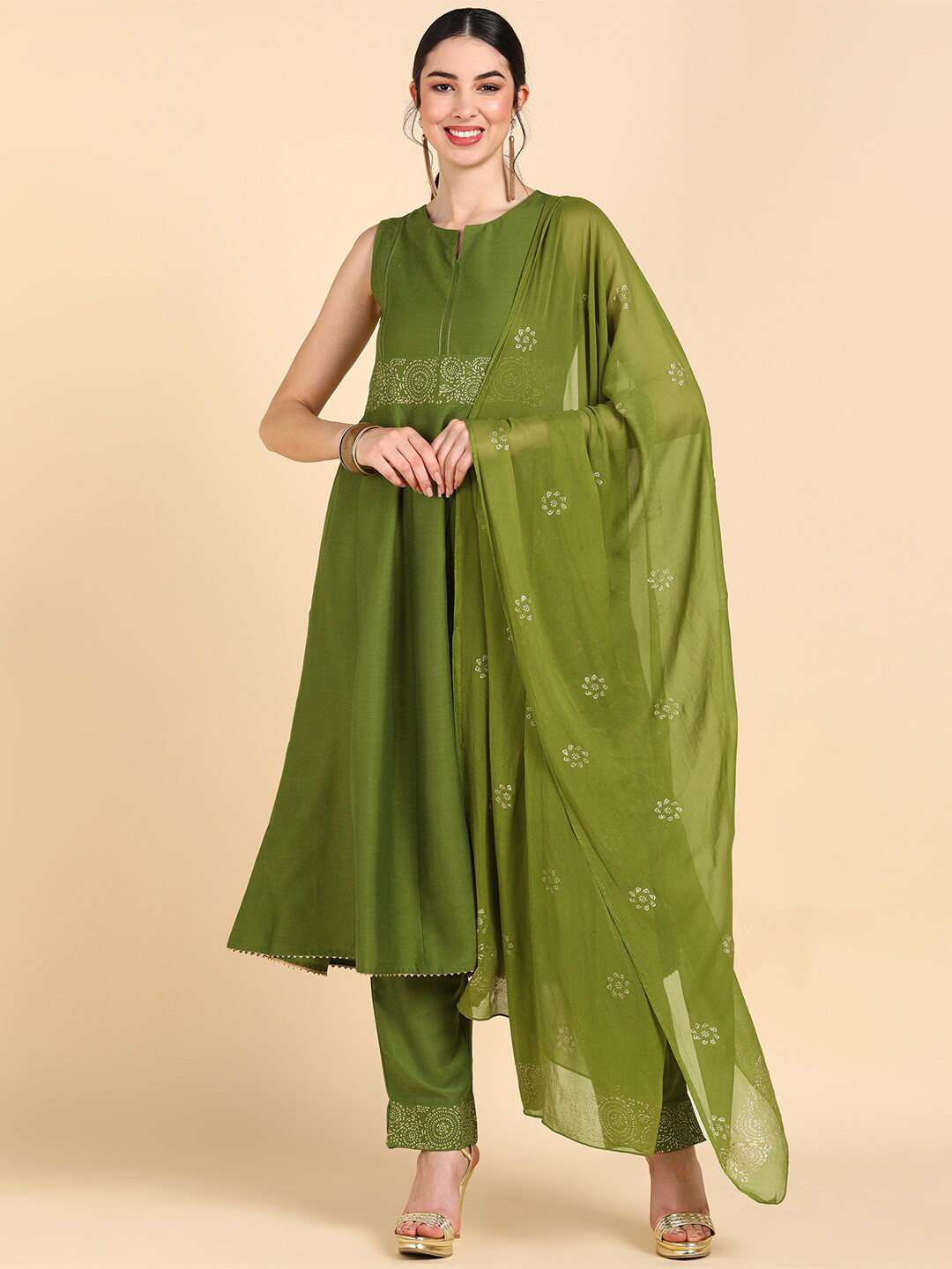 AHIKA Women Olive Green Printed Kurta with Trousers & With Dupatta
