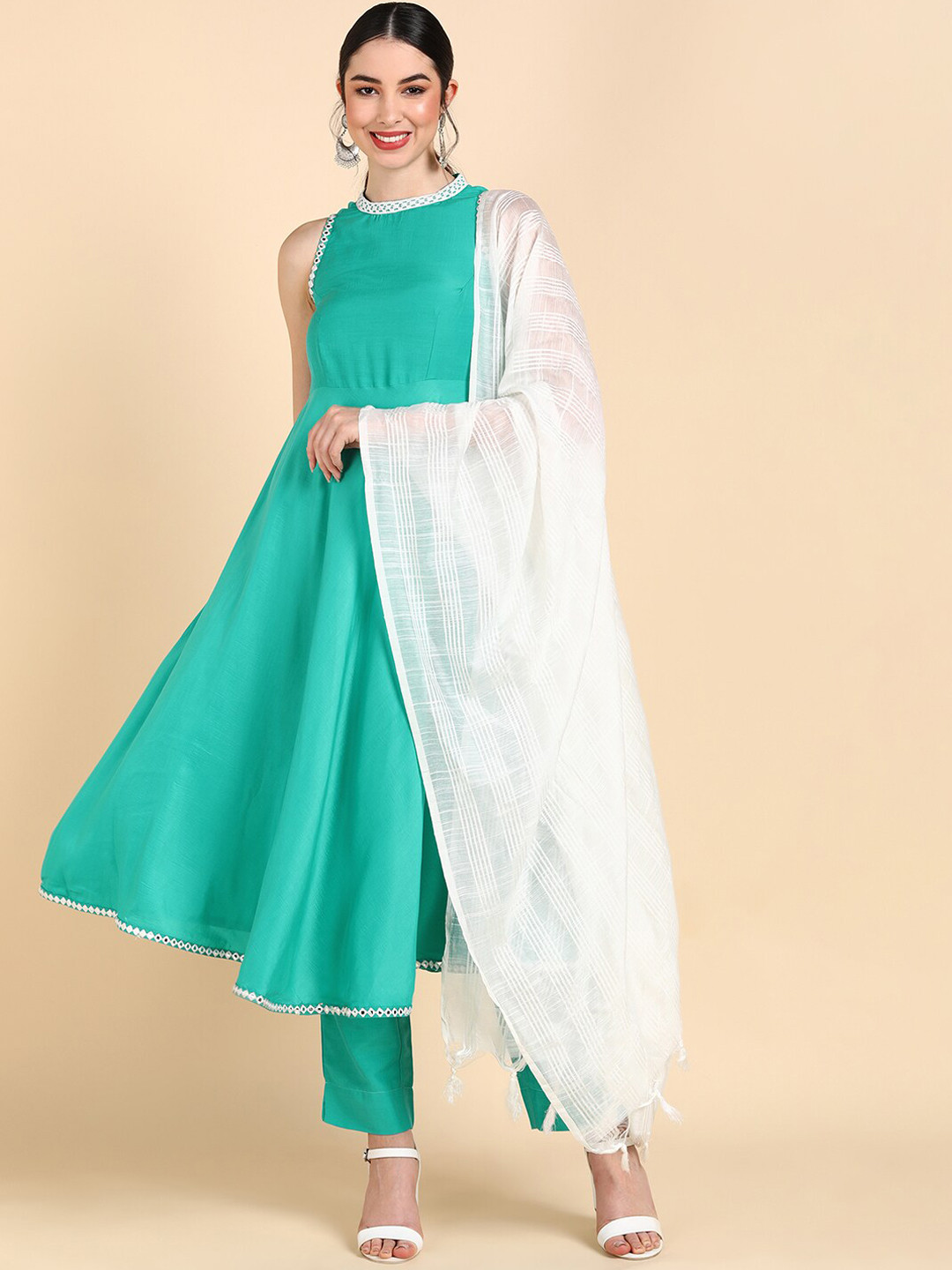 AHIKA Women Sea Green Empire Kurta with Trousers & Dupatta