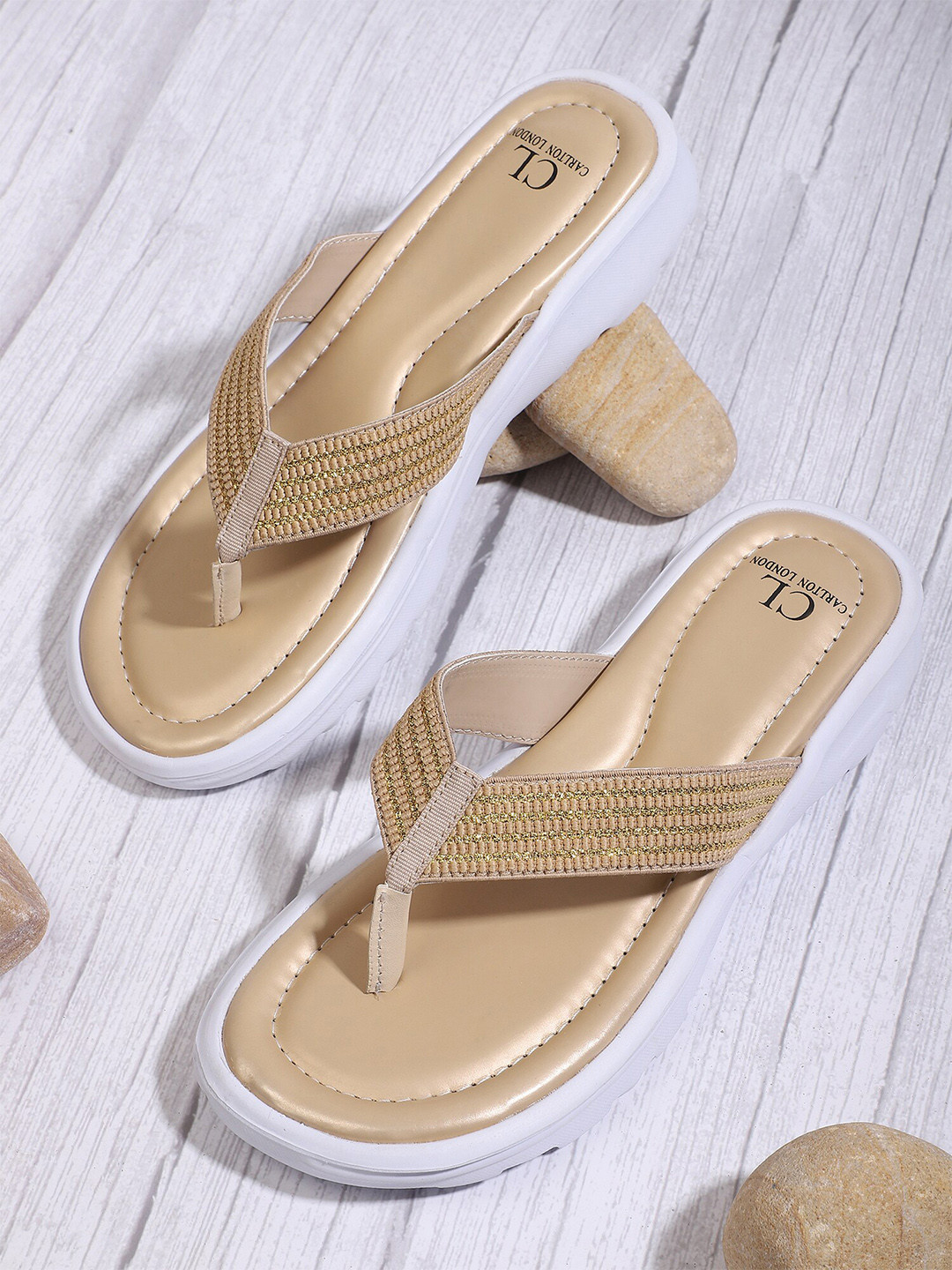 Carlton London sports Women Gold-Toned Thong Flip-Flops