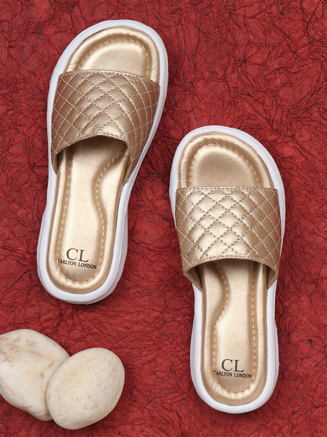 Carlton London sports Women Gold-Toned & White Sliders