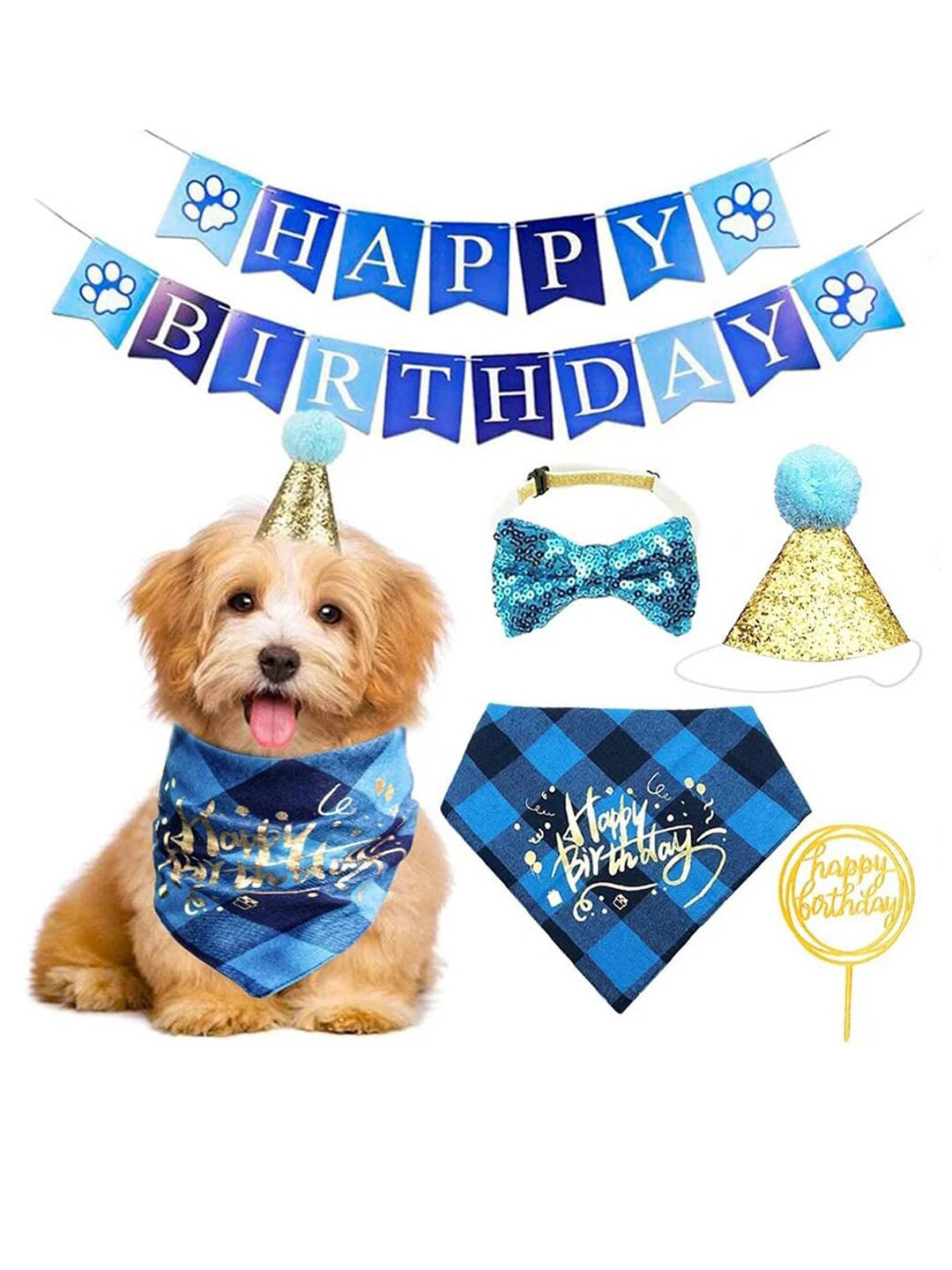 PAWCHIE Blue 5 Pcs Checked Dog Birthday Dress Set