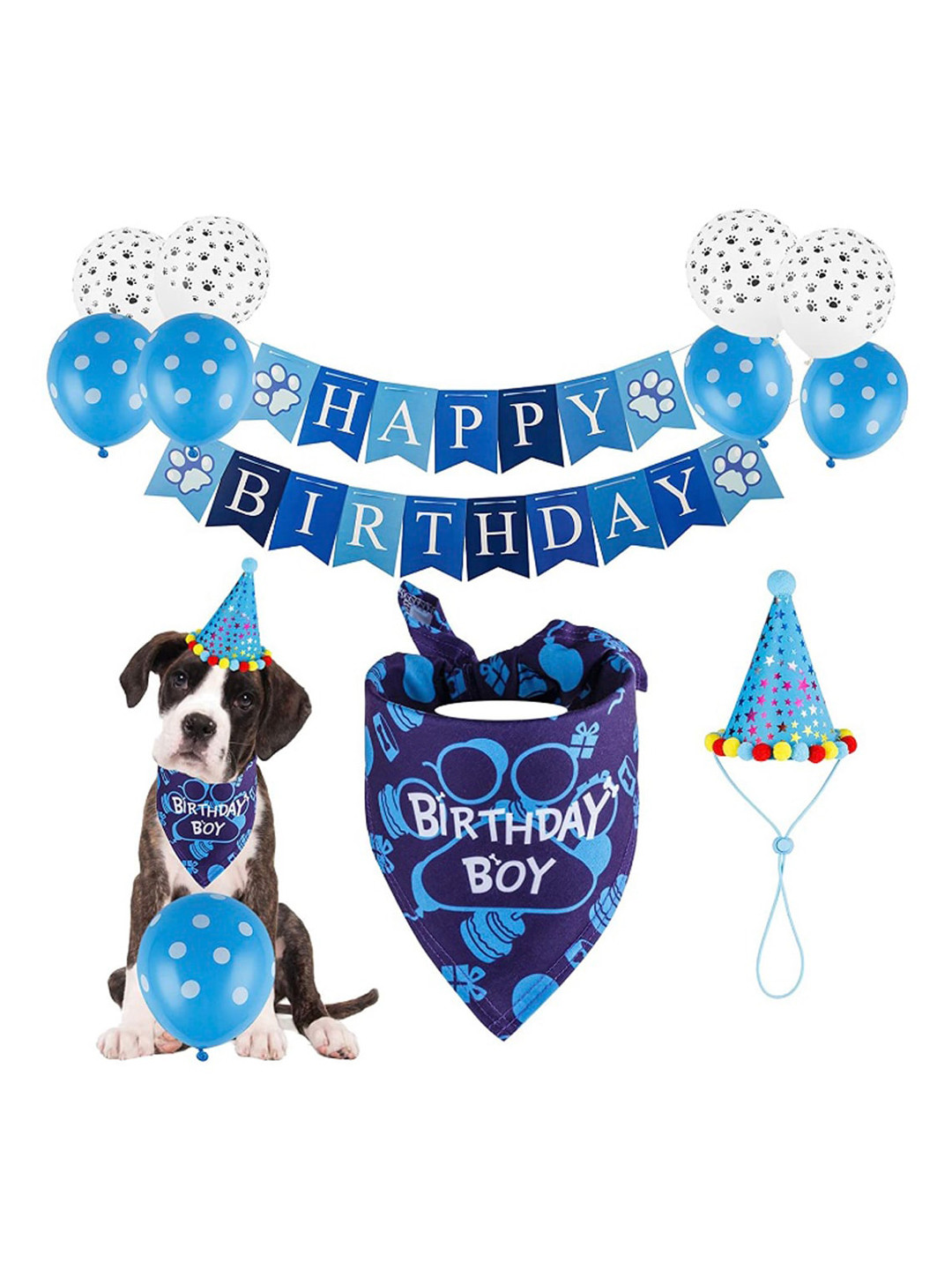 PAWCHIE Blue Graphic Printed Adjustable Dog Bandana With Birthday Set