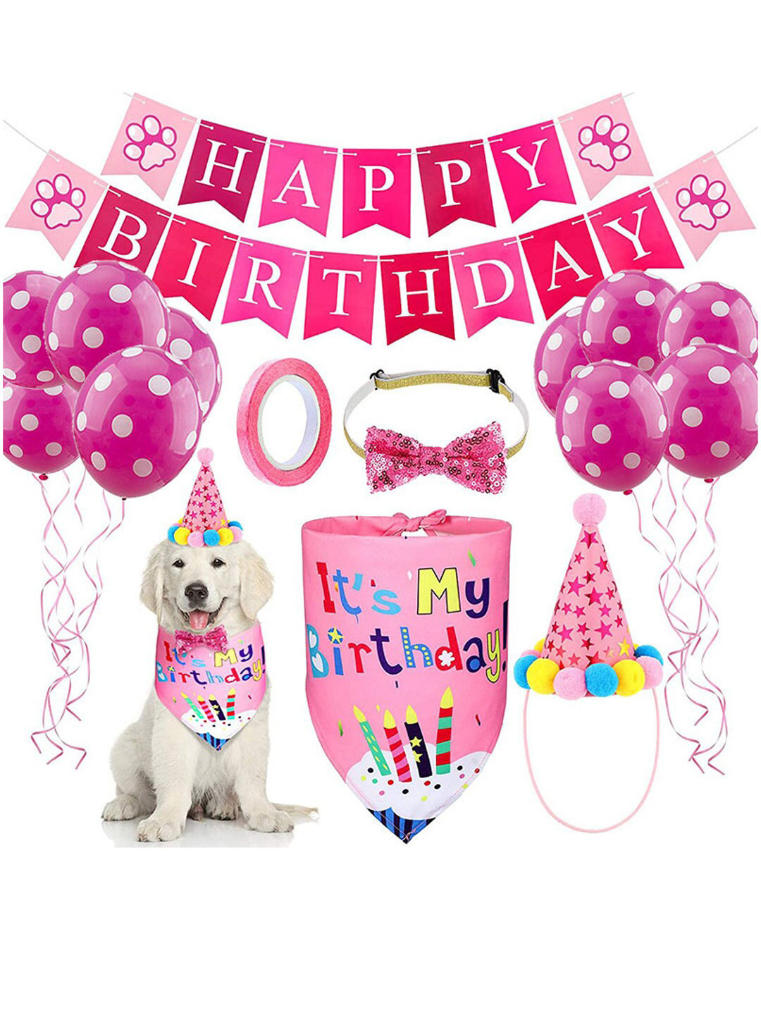 PAWCHIE Pet Pink Birthday Bandana Set with Balloon and Tape