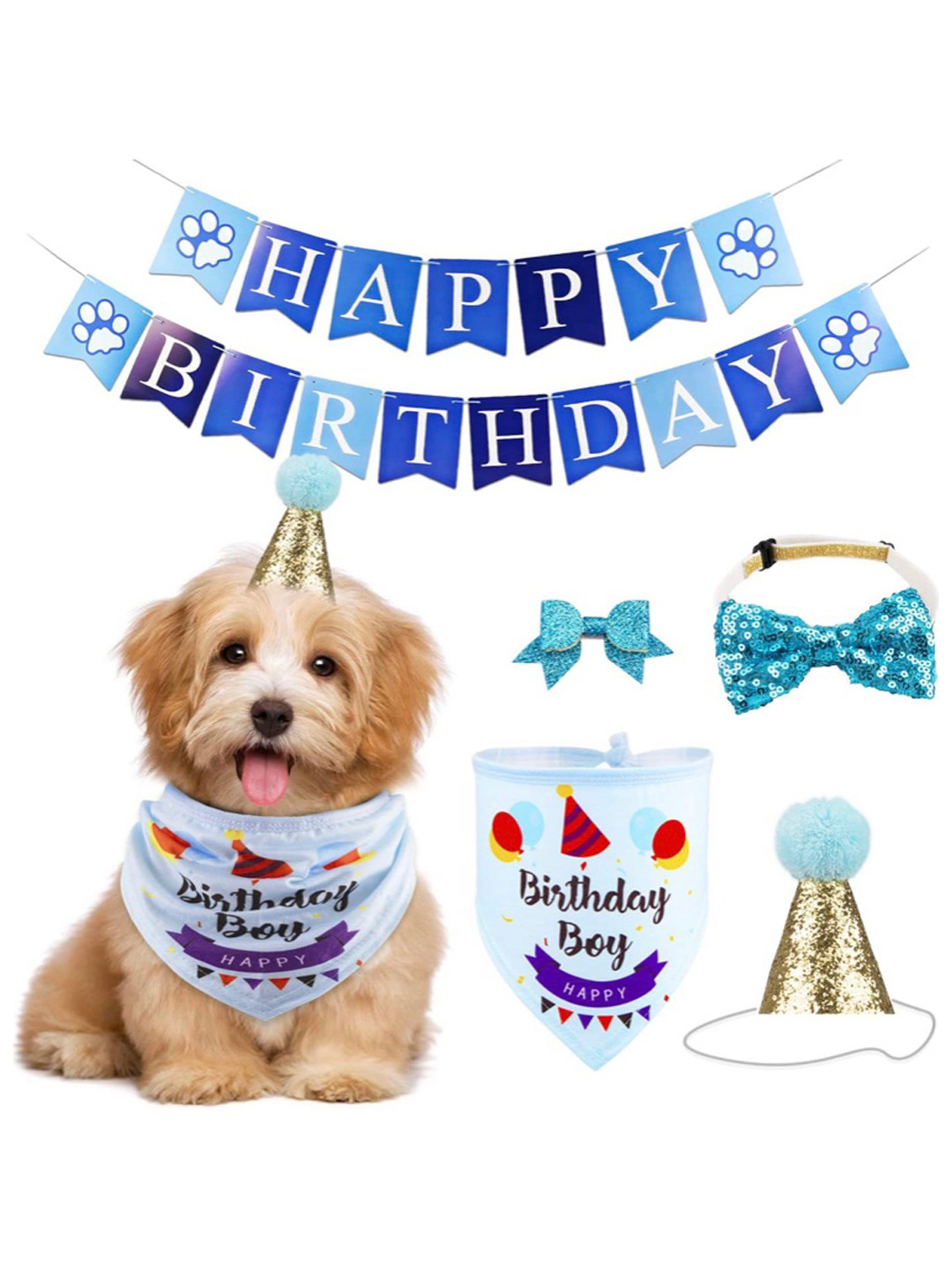 PAWCHIE Blue Birthday Bandana Hat Banner Set with Bow Tie