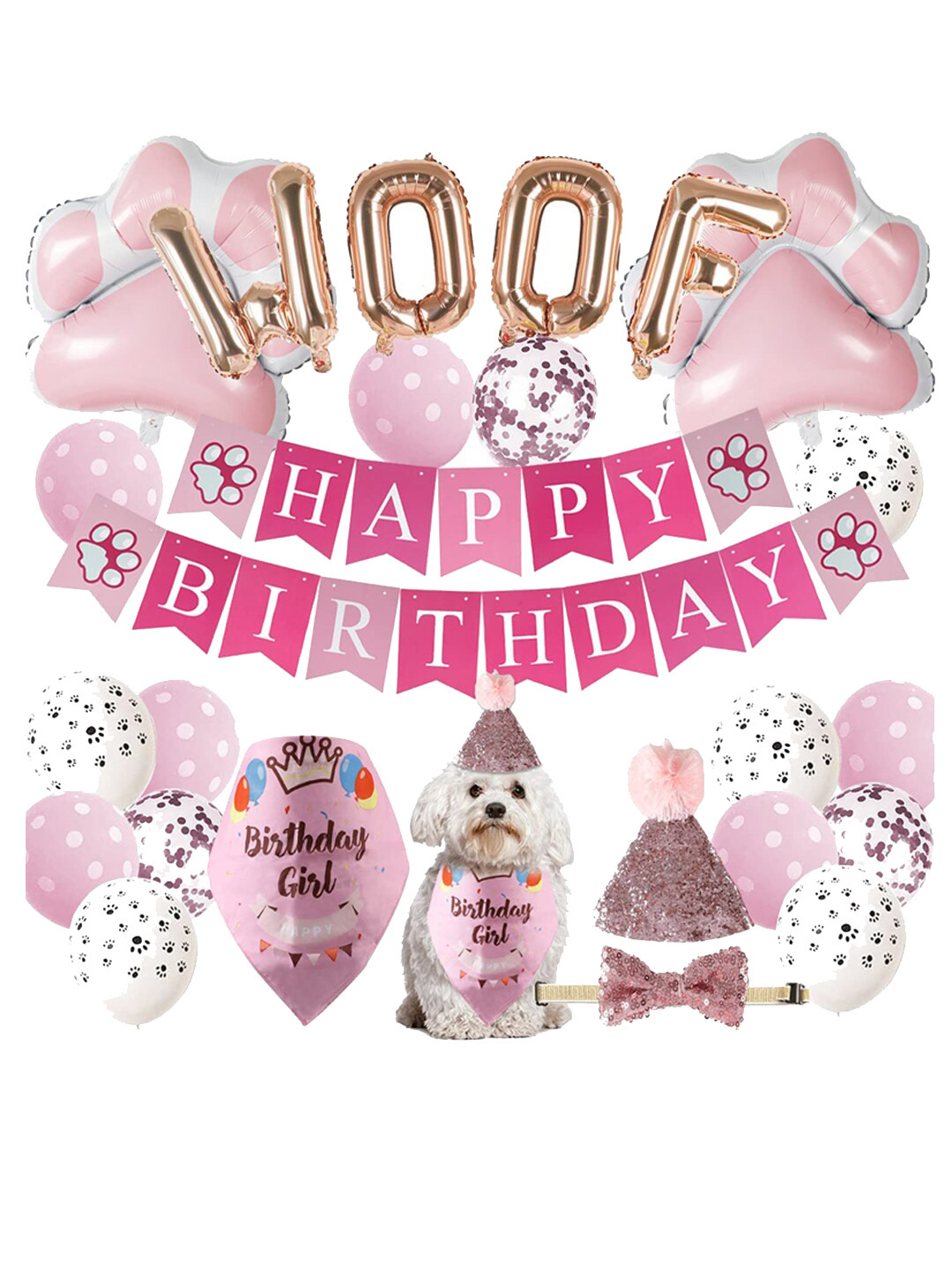 PAWCHIE Pink Graphic Printed Cotton Adjustable Dog Bandana With Birthday Set