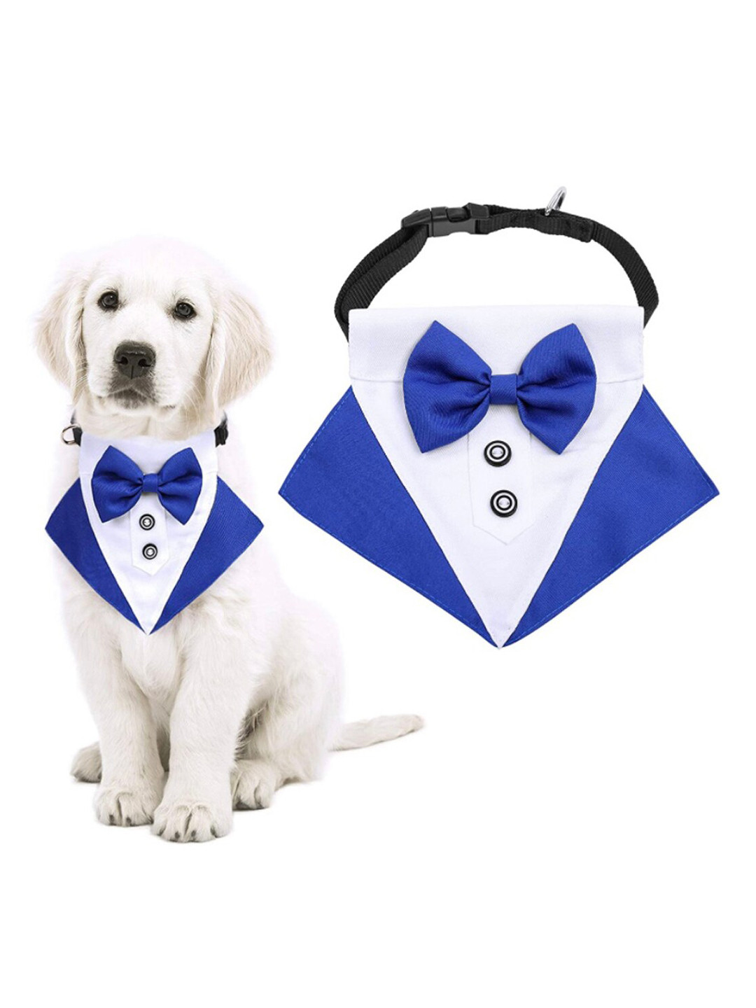PAWCHIE Unisex Blue & White Color-Blocked Pet Tuxedo Bowtie Collar Bandana For Dog