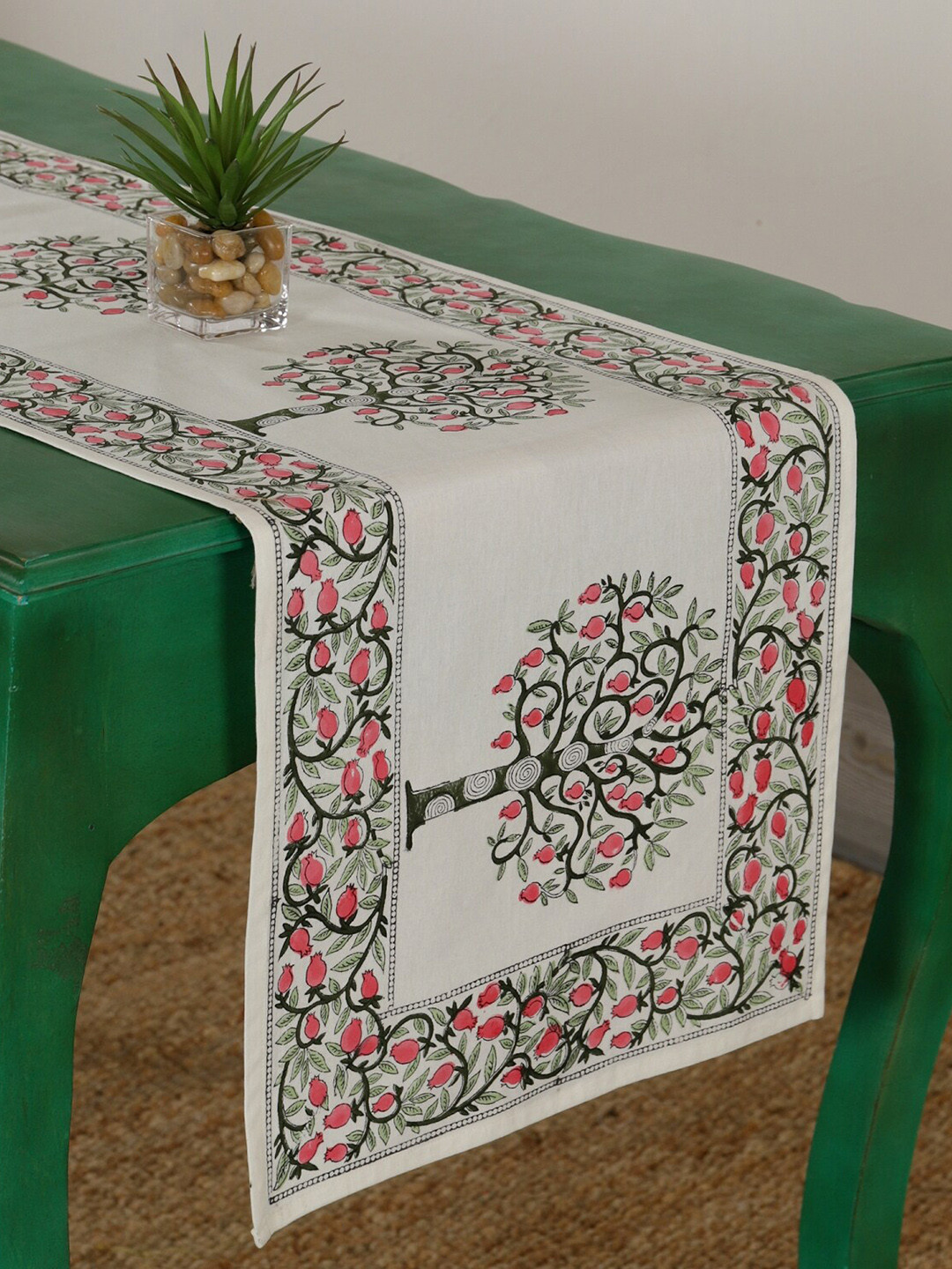 HANDICRAFT PALACE Green & White Floral Block Printed Table Runners
