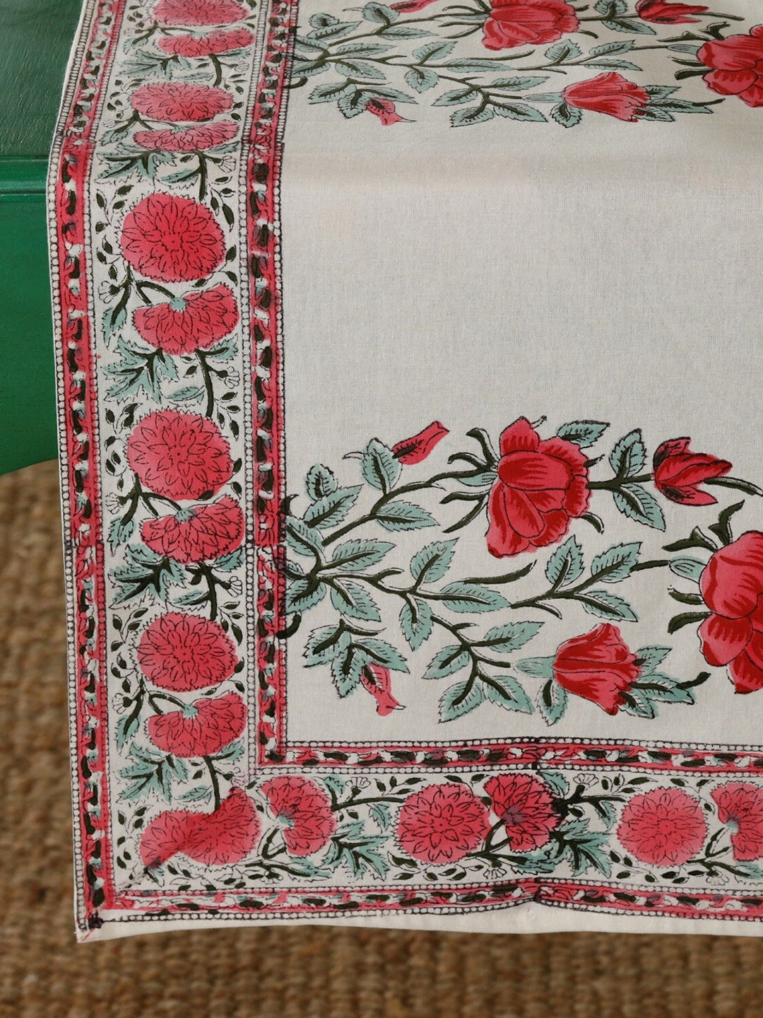 HANDICRAFT PALACE Red & Cream-Colored Lotus Hand-Block Printed Pure Cotton Table Runner