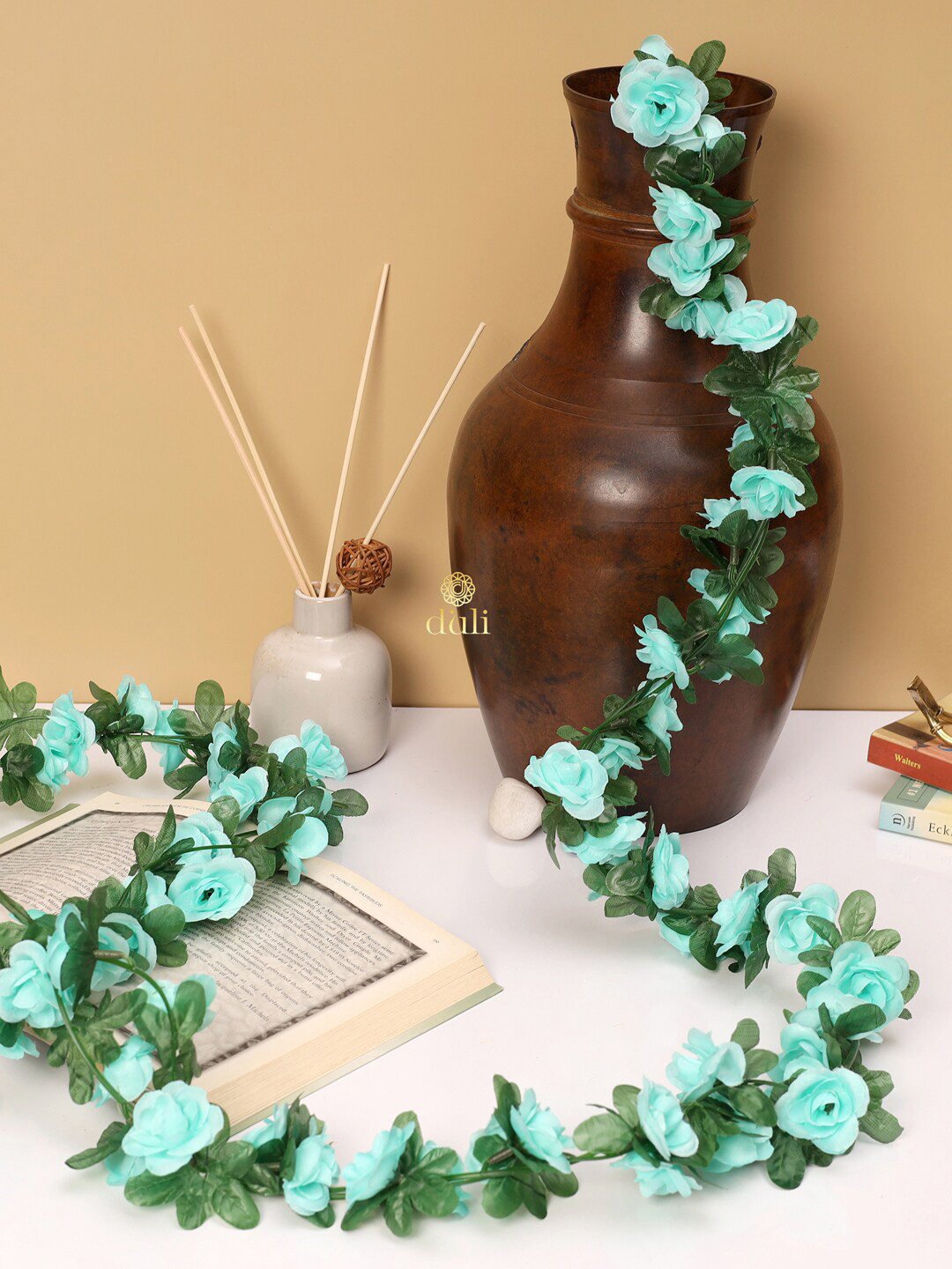 DULI Set Of 2 Blue & Green Rose Creeper Artificial Flower Plants