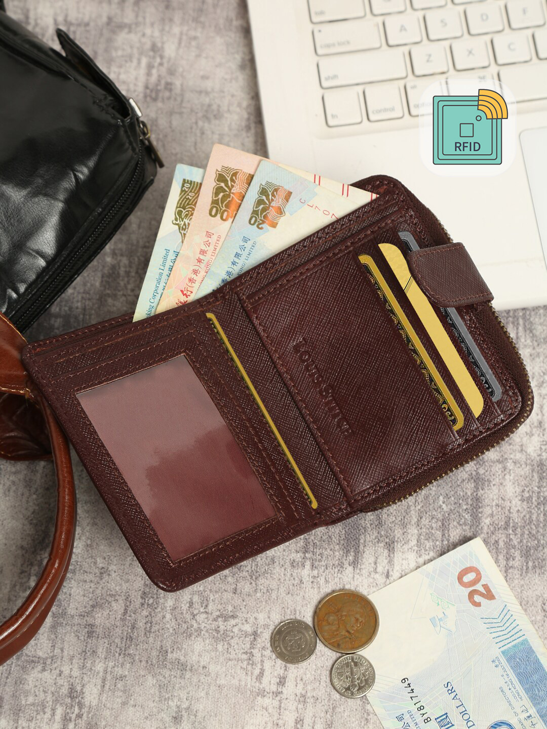 Louis Stitch Saffiano Leather Maroon Two Fold Wallet for Men