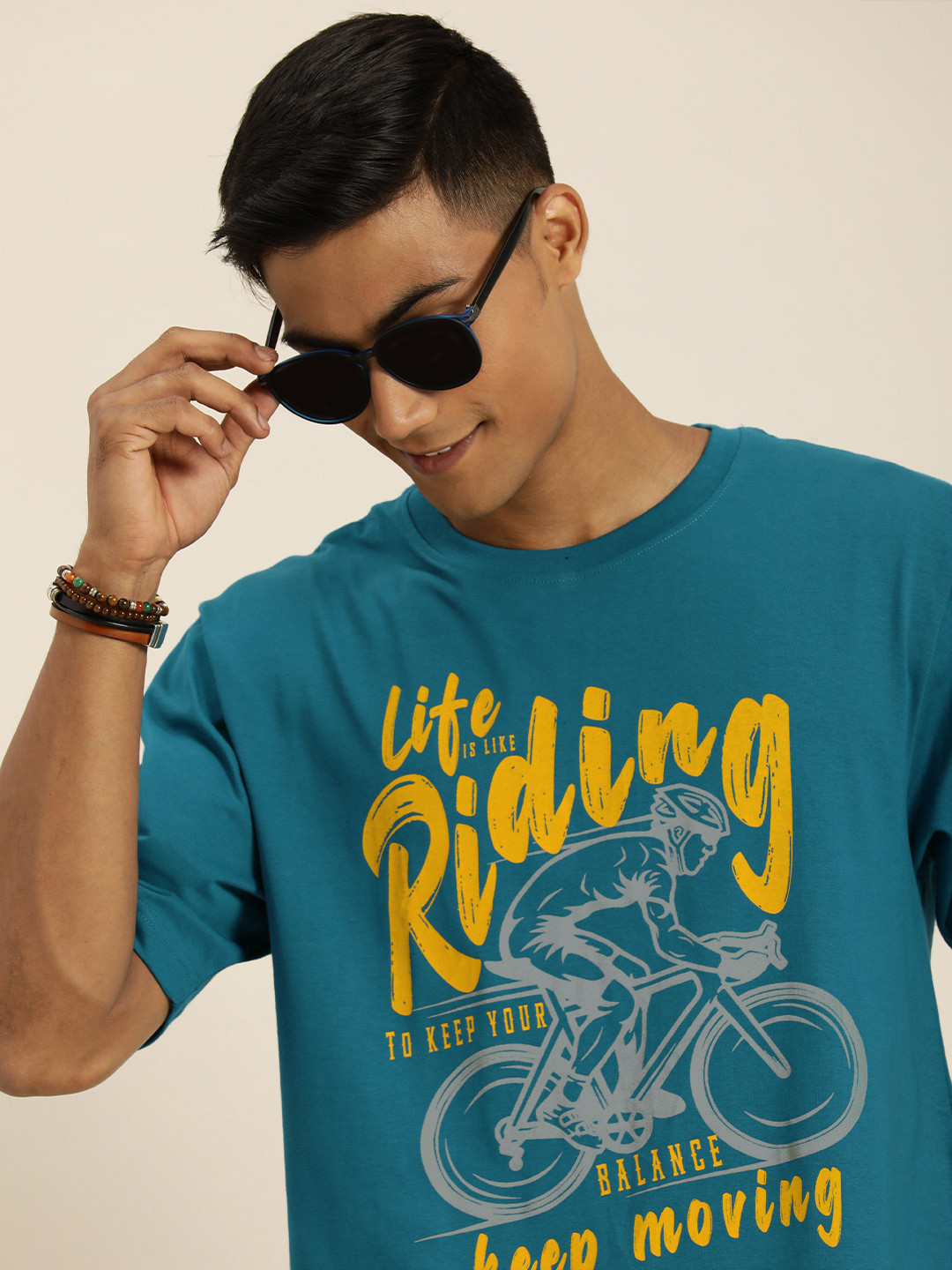 DILLINGER Men Teal Blue & Yellow Graphic Printed Oversized T-shirt