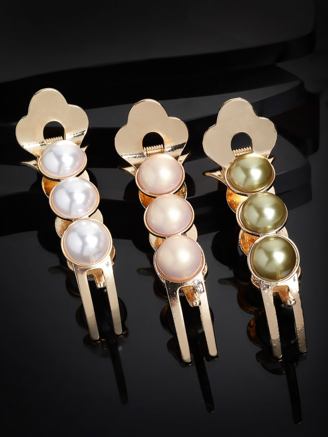 PANASH Women Gold-Toned & White Set of 3 Pearl Alligator Hair Clip