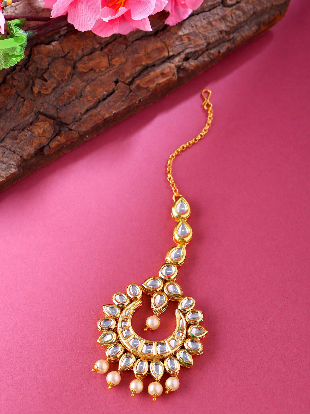 VIRAASI Gold-Plated White Kundan Studded Maang Tikka