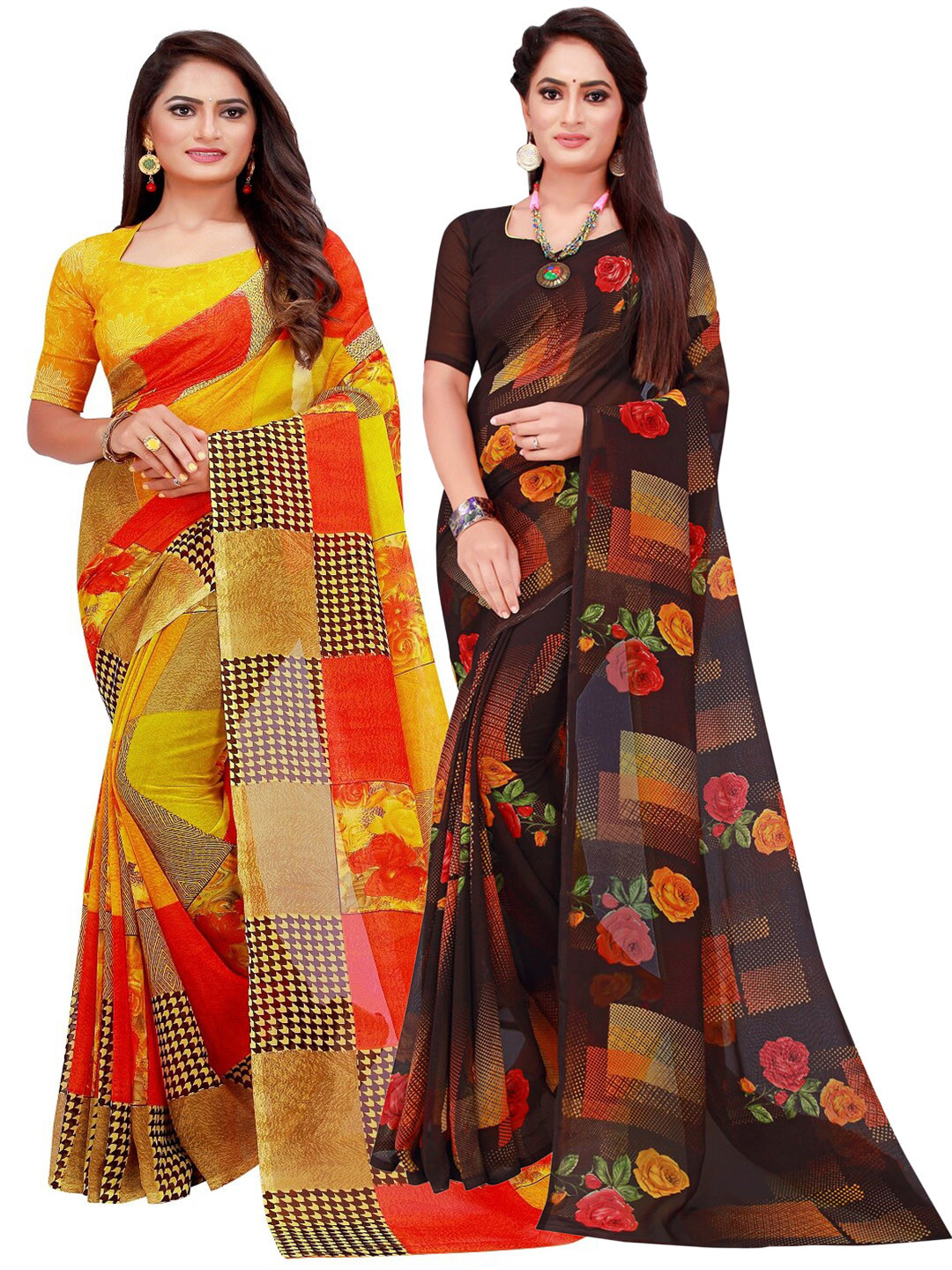 SAADHVI Black & Yellow Geometric Pack of 2 Pure Georgette Saree
