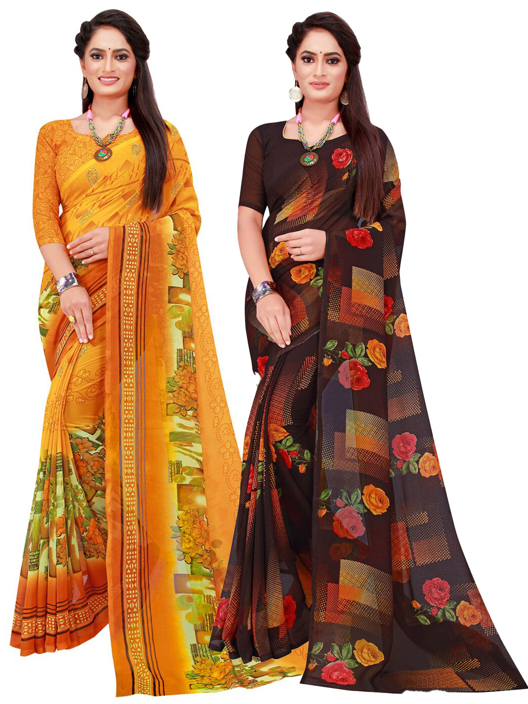 SAADHVI Black & Yellow Geometric Pack of 2  Pure Georgette Saree