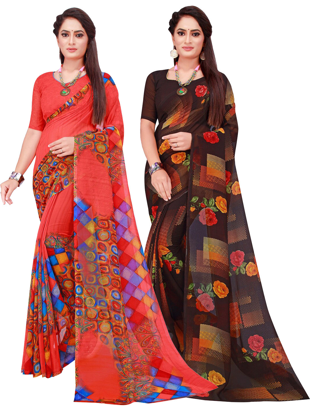 SAADHVI Black & Red Geometric Pack of 2  Pure Georgette Saree