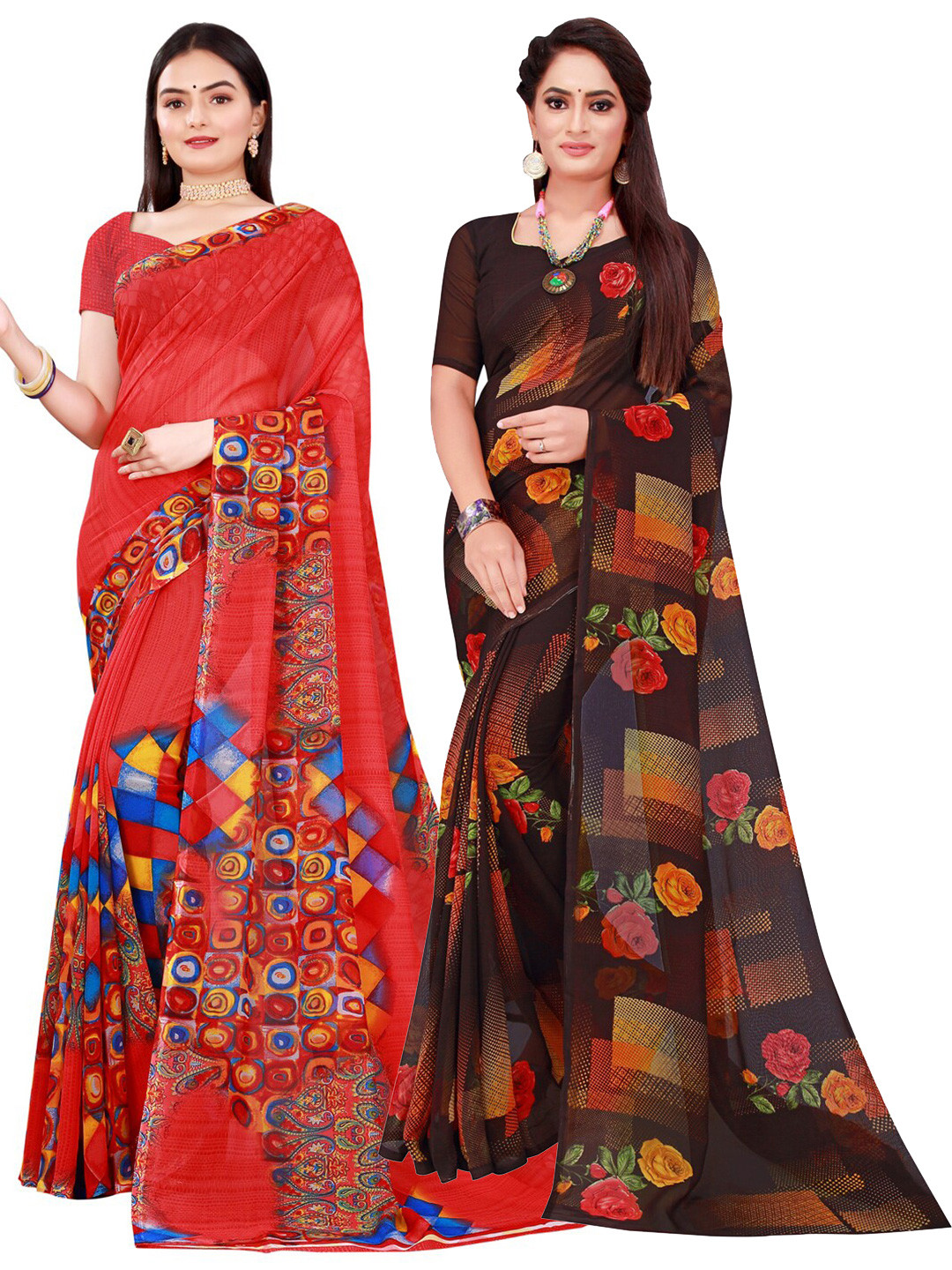 SAADHVI Red & Brown Geometric Pack of 2 Pure Georgette Saree