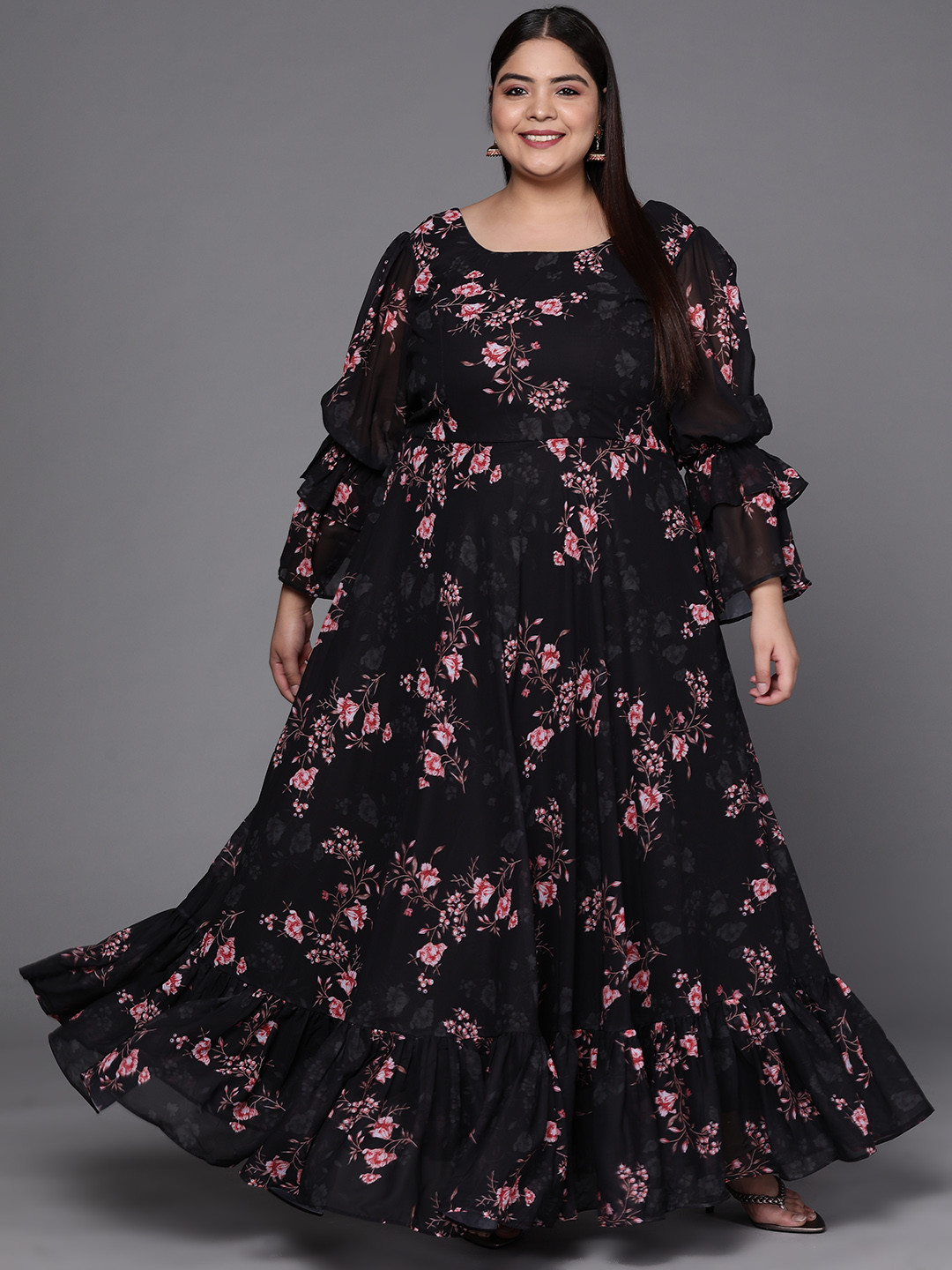Buy INDDUS PLUS Black Pink Floral Print Georgette Ethnic Maxi