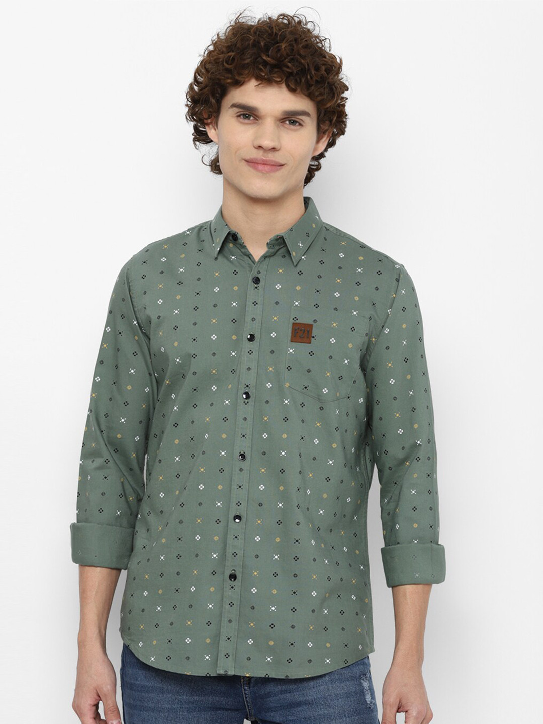FOREVER 21 Men Green Micro Ditsy Printed Casual Shirt