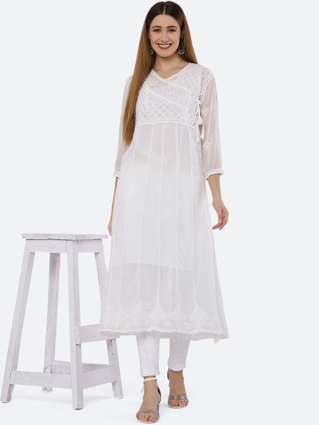 FAWOMENT Women White Embellished Chikankari Georgette Anarkali Kurta with Inner